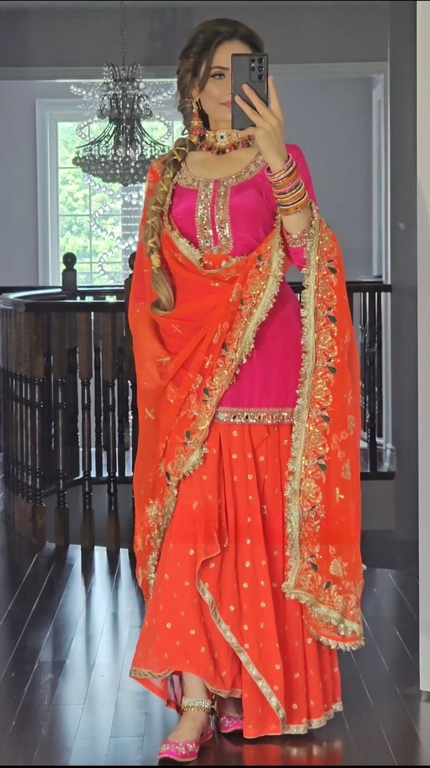 Festive Wear Sequence Work Pink With Orange Lehenga Suit