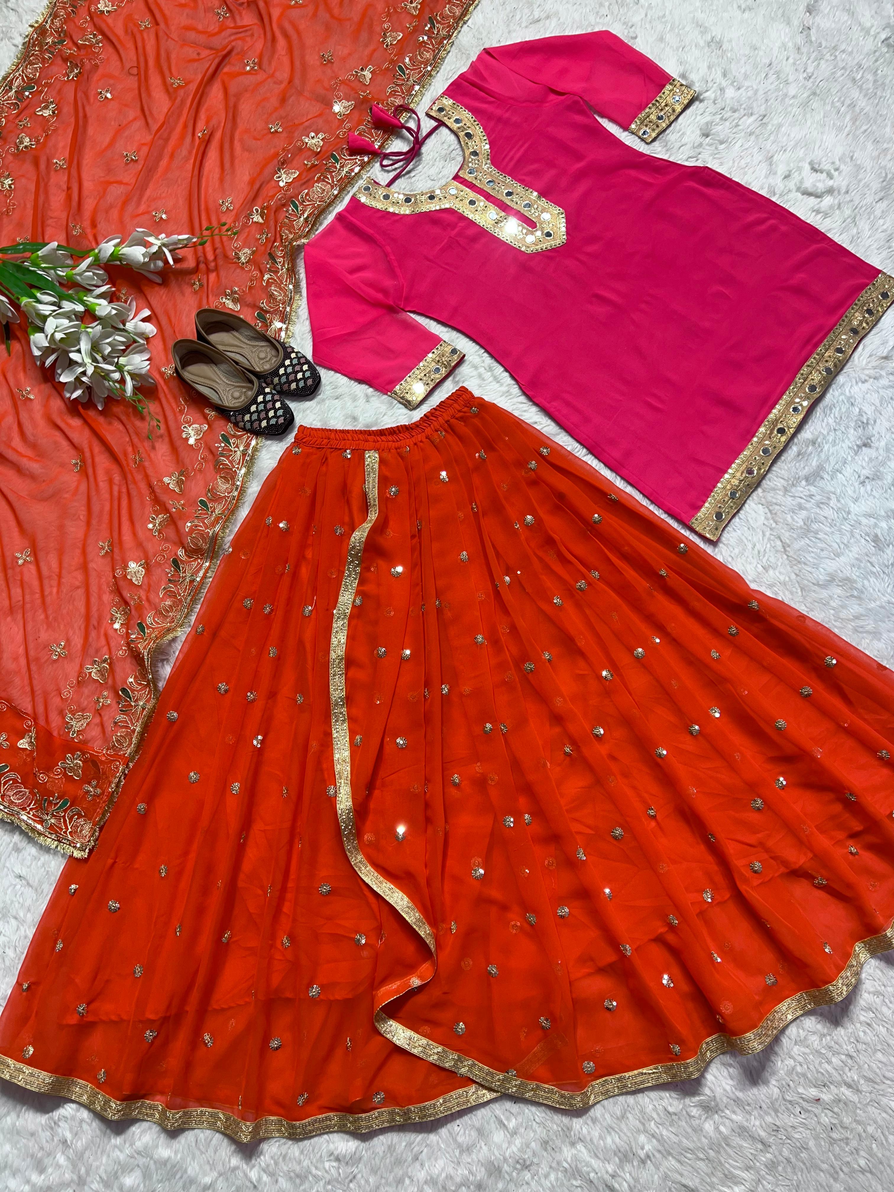 Festive Wear Sequence Work Pink With Orange Lehenga Suit