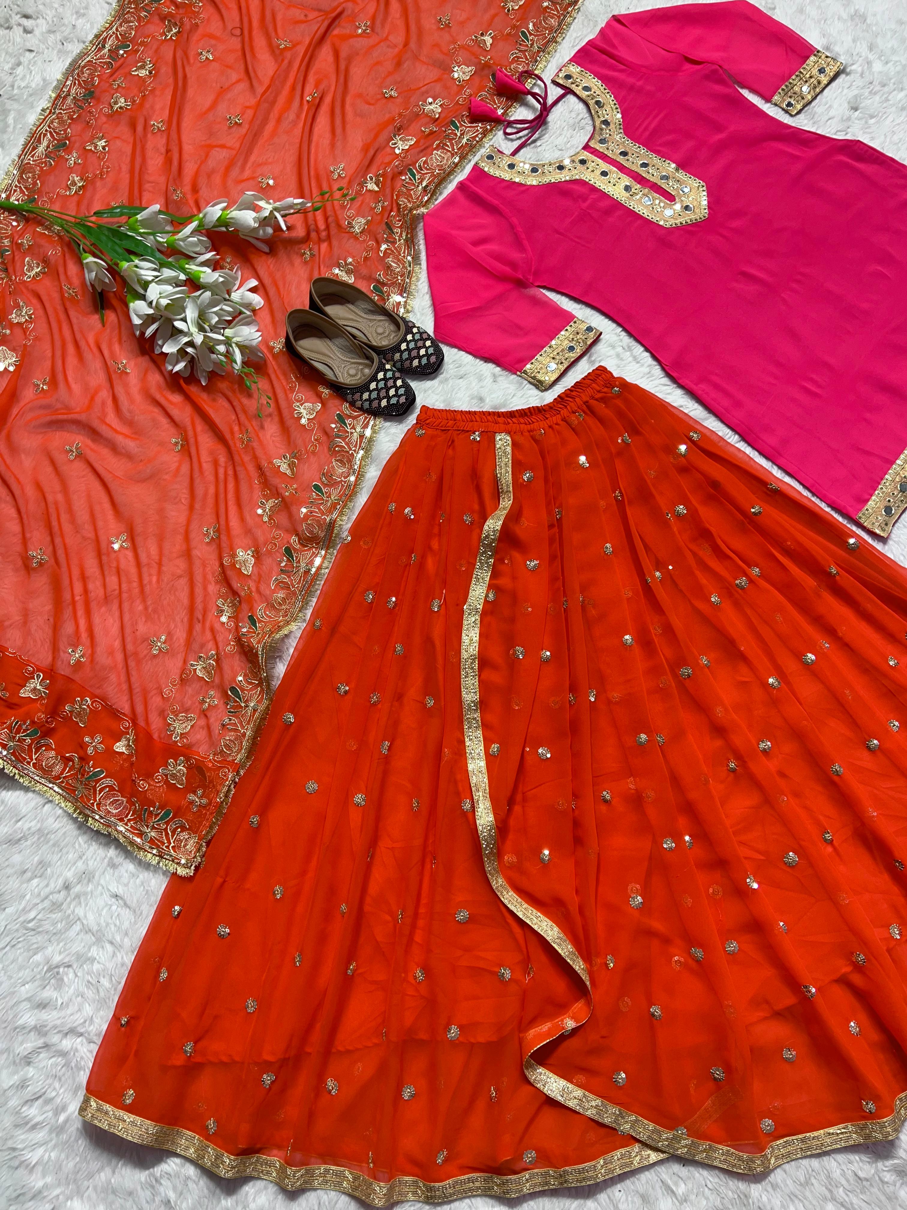 Festive Wear Sequence Work Pink With Orange Lehenga Suit