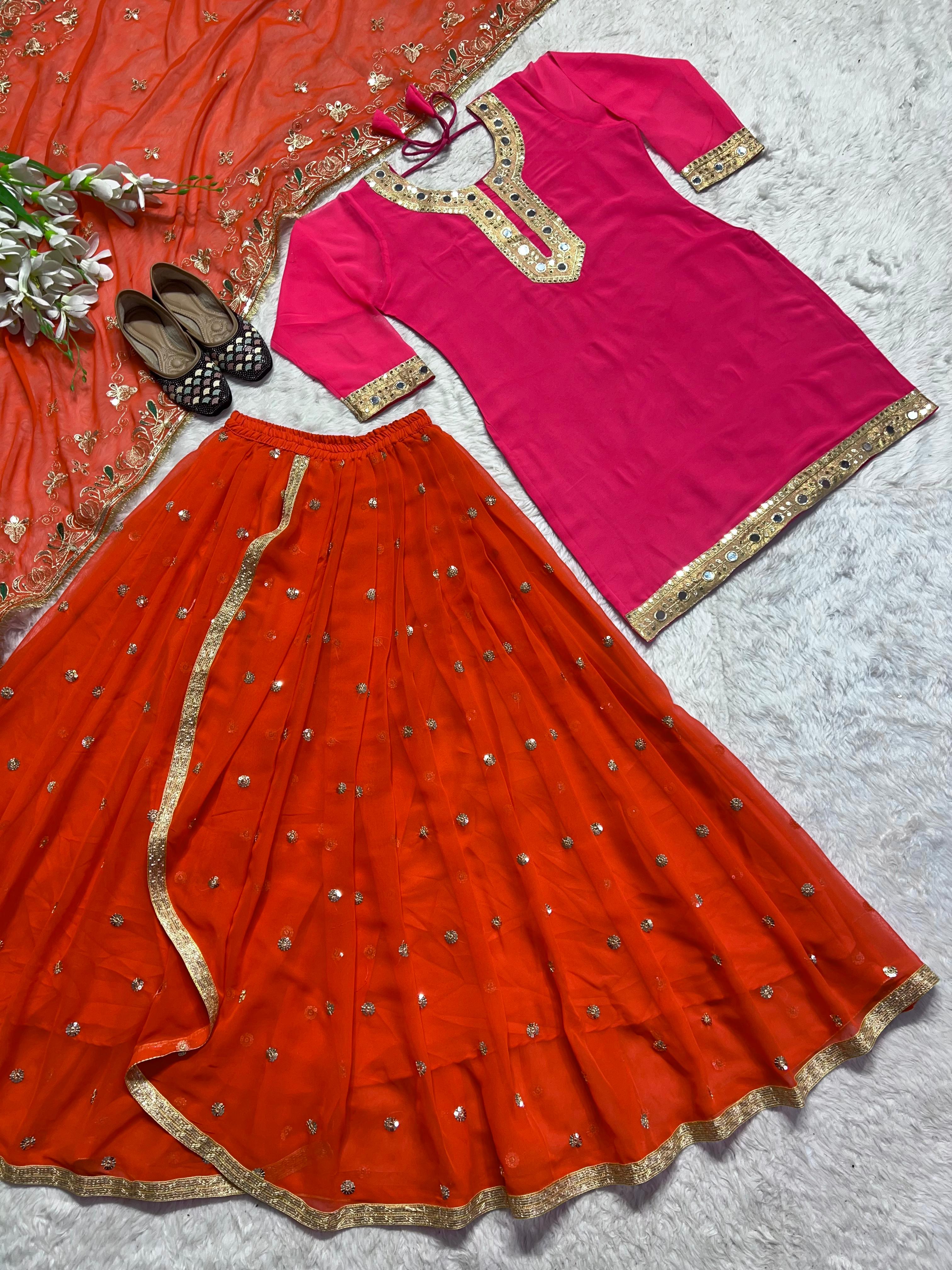 Festive Wear Sequence Work Pink With Orange Lehenga Suit