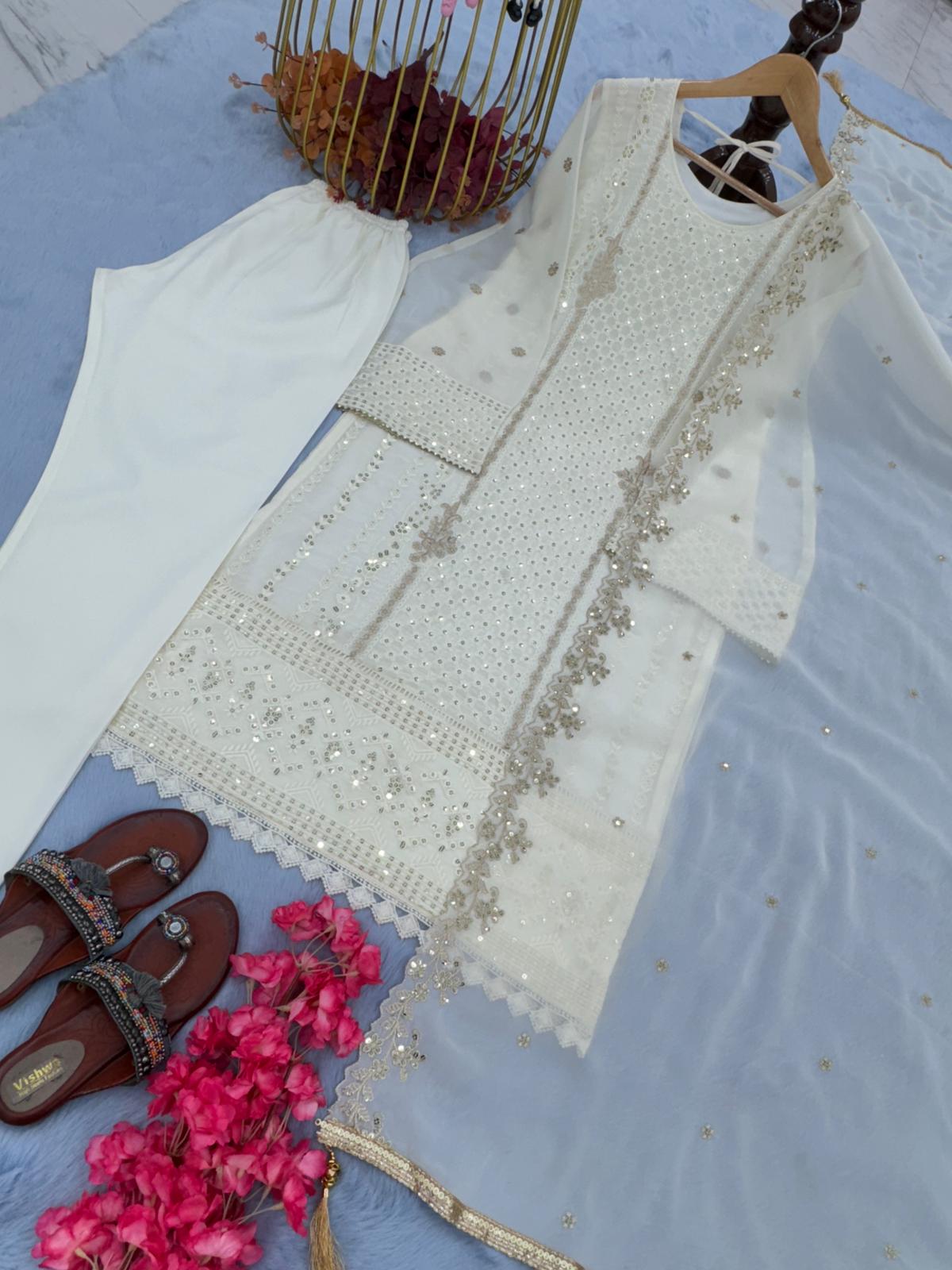 Party Wear Look White Georgette Top Bottom & Dupatta Set