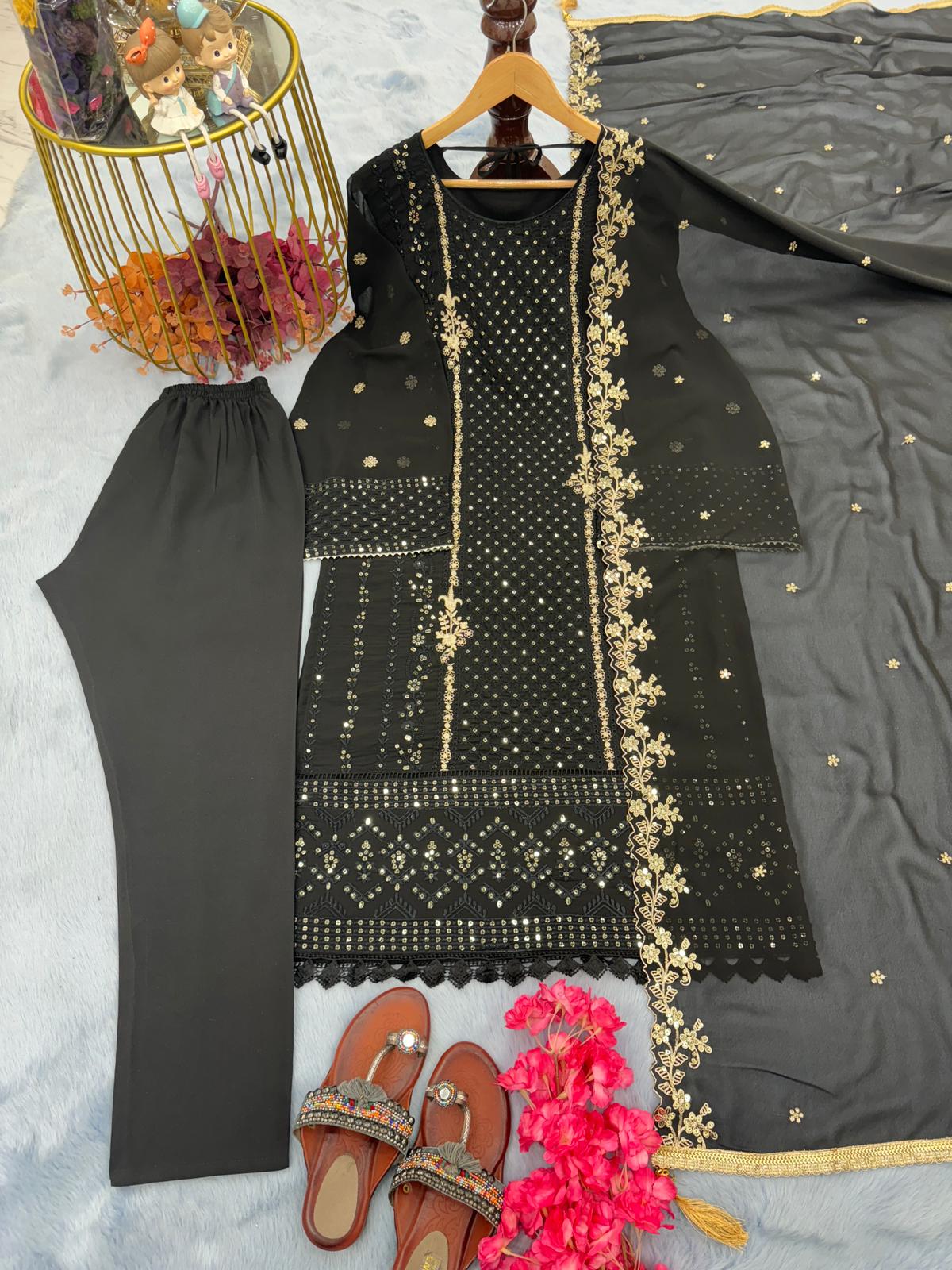 Party Wear Look Black Georgette Top Bottom & Dupatta Set