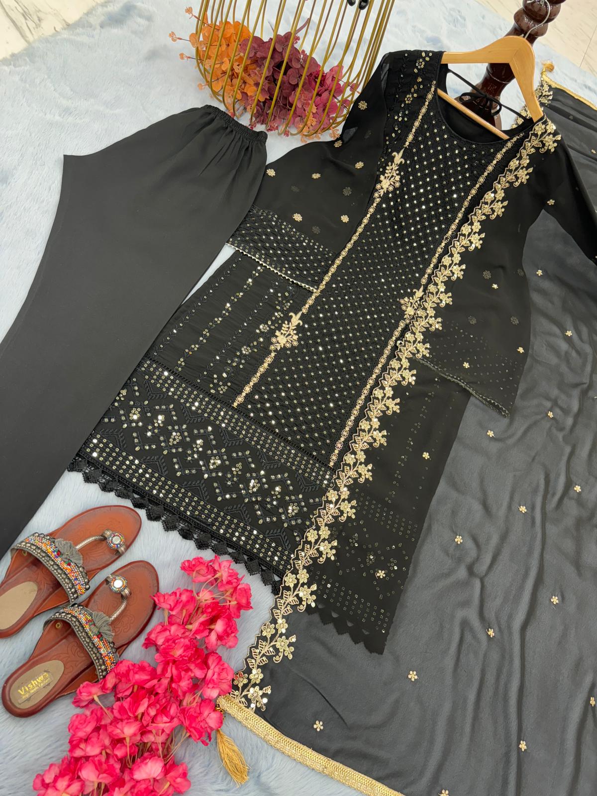 Party Wear Look Black Georgette Top Bottom & Dupatta Set