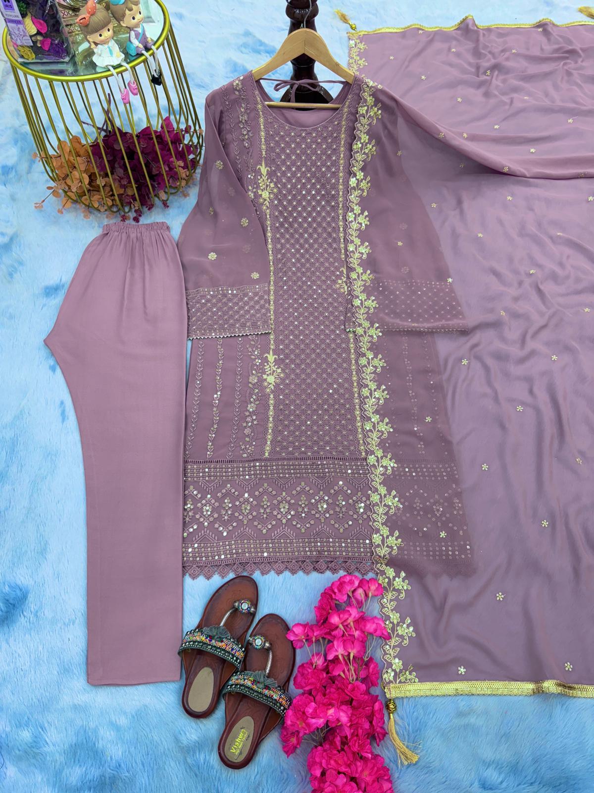 Party Wear Look Dusty Pink Georgette Top Bottom & Dupatta Set