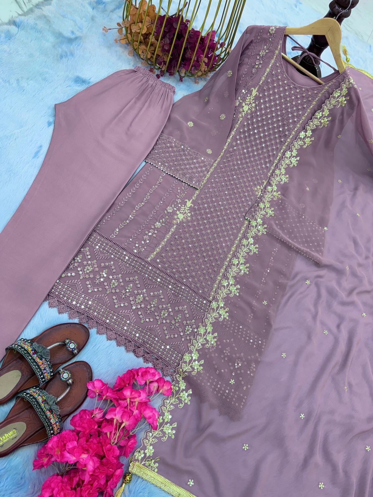 Party Wear Look Dusty Pink Georgette Top Bottom & Dupatta Set