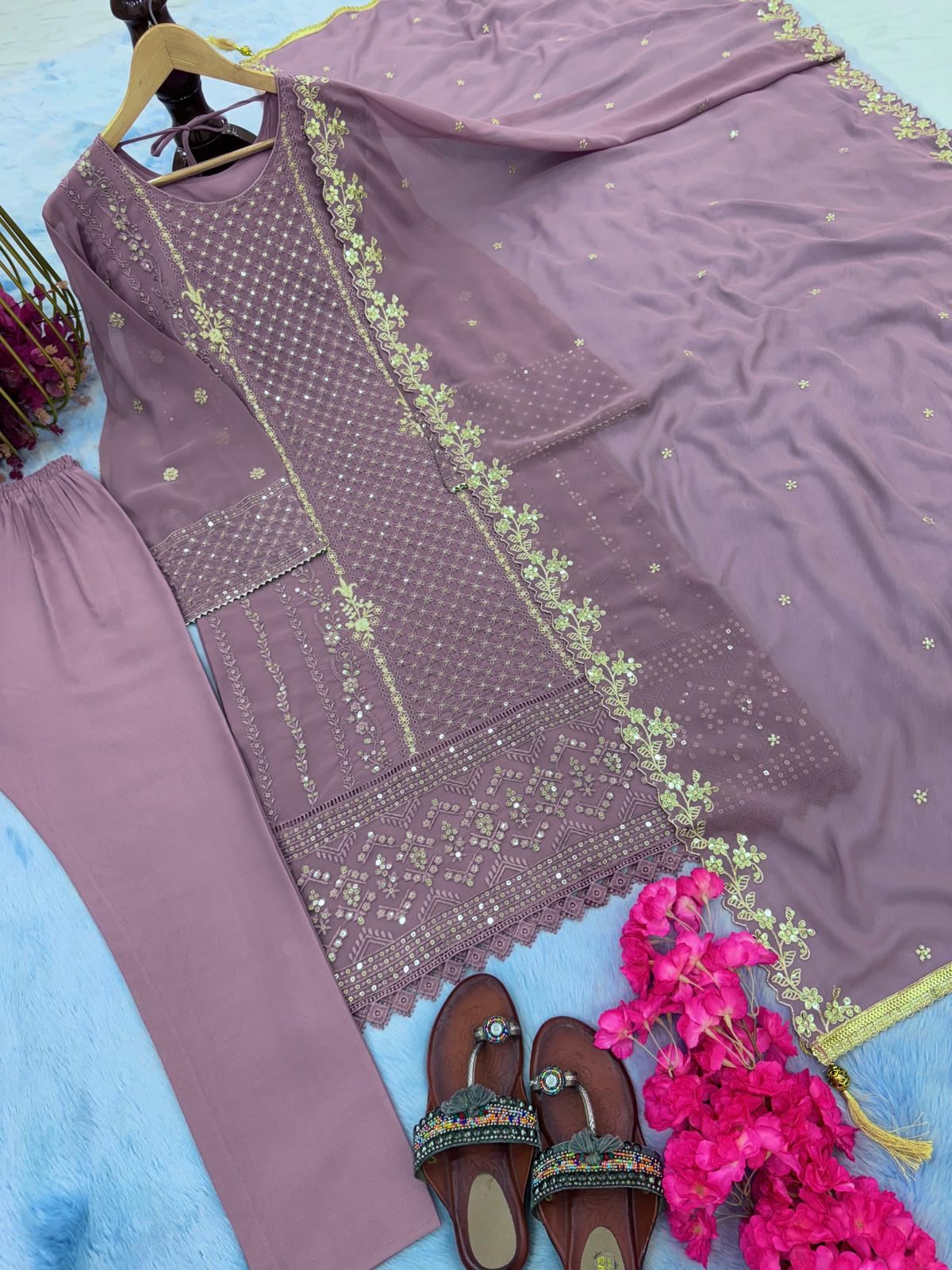 Party Wear Look Dusty Pink Georgette Top Bottom & Dupatta Set