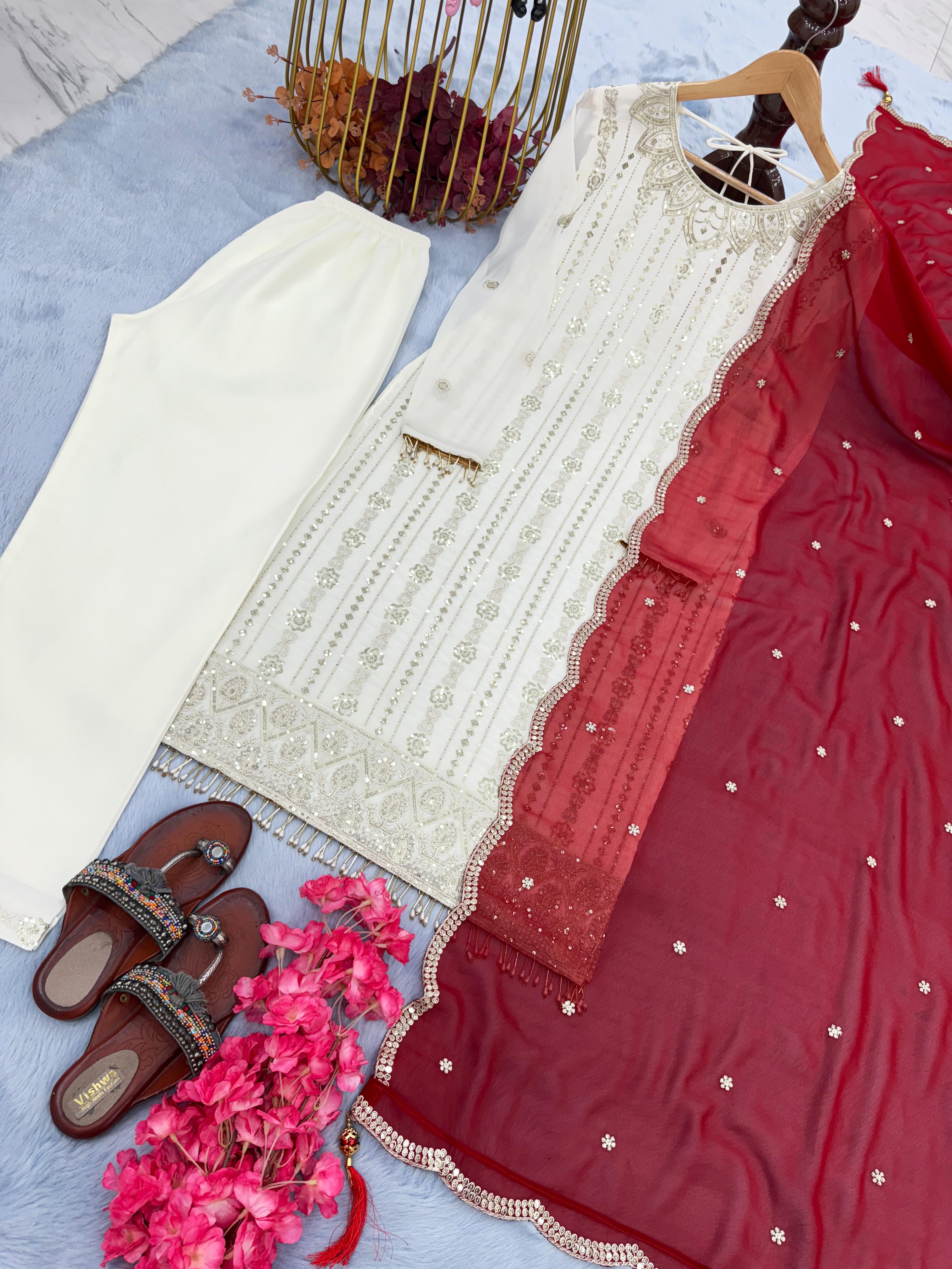 Classy White Color Sequence Work Kurti Set With Red Dupatta