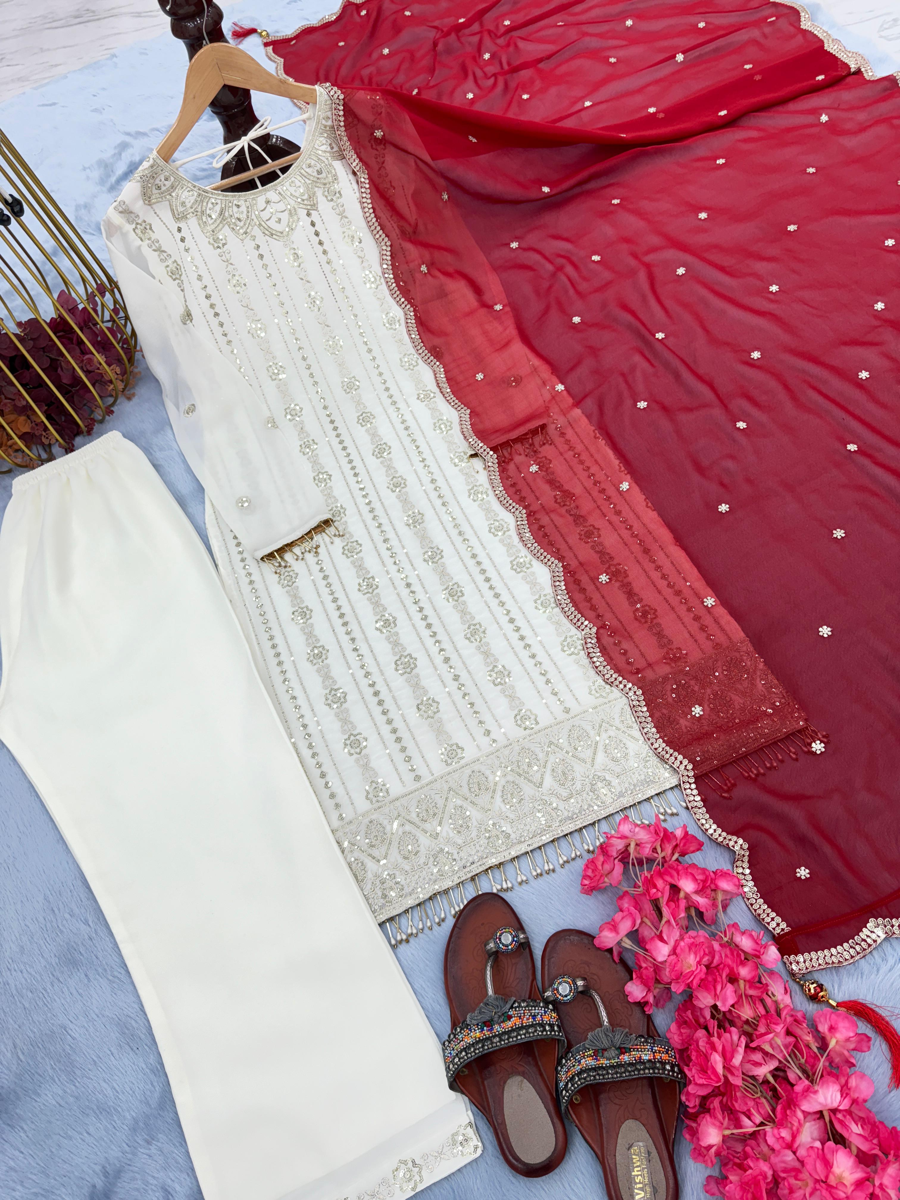 Classy White Color Sequence Work Kurti Set With Red Dupatta