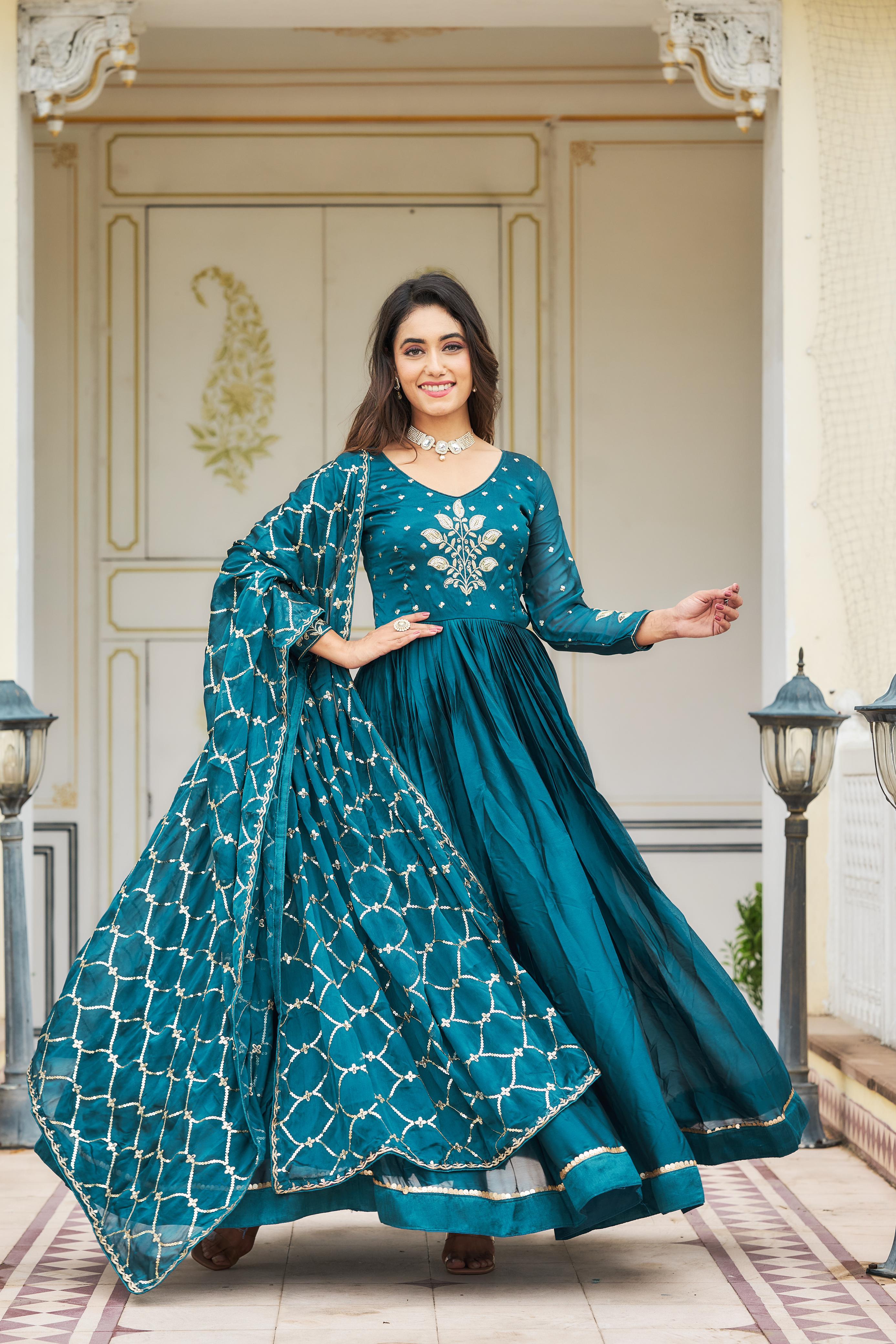 Stunning Teal Blue Color Heavy Work Gown With Dupatta