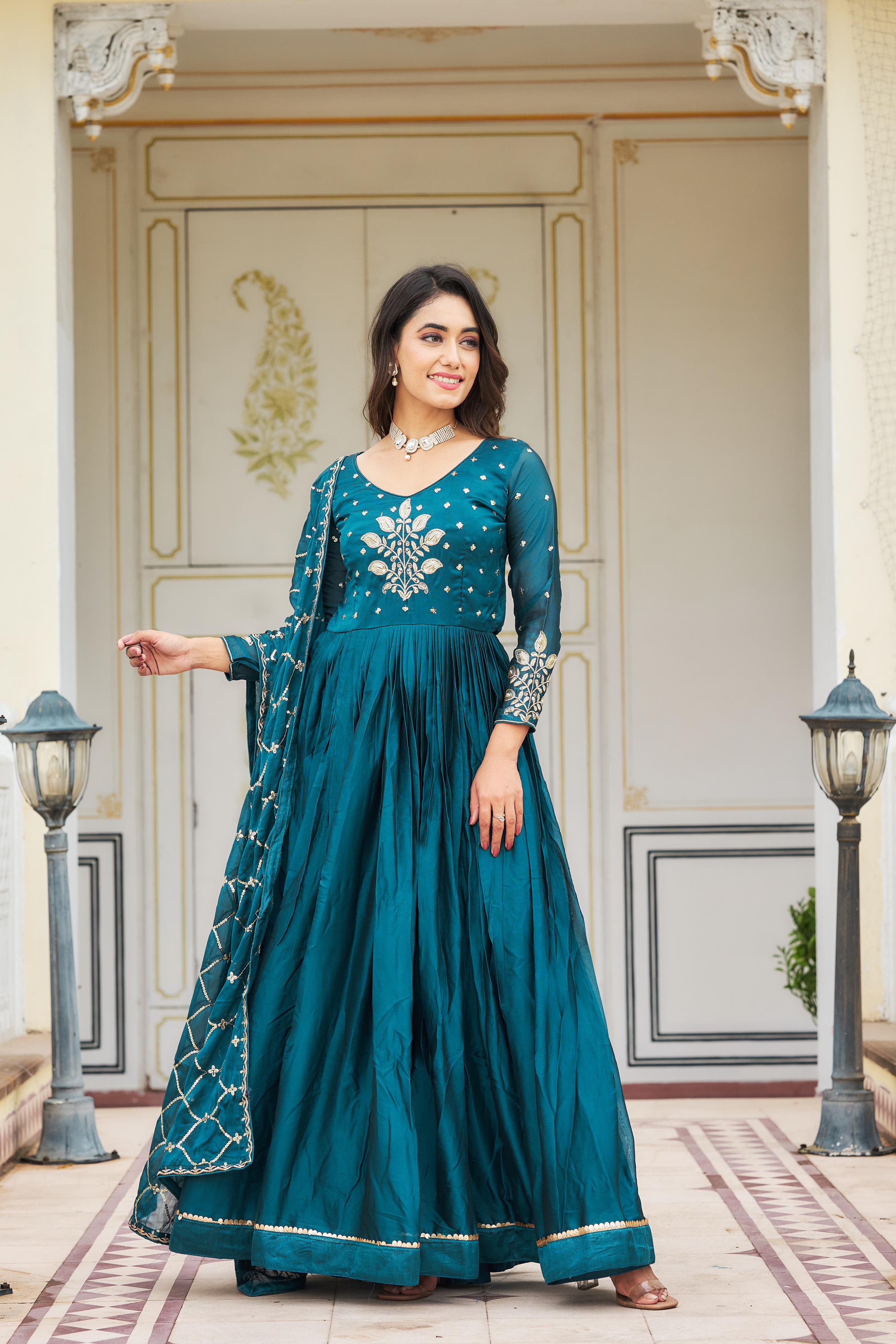 Stunning Teal Blue Color Heavy Work Gown With Dupatta