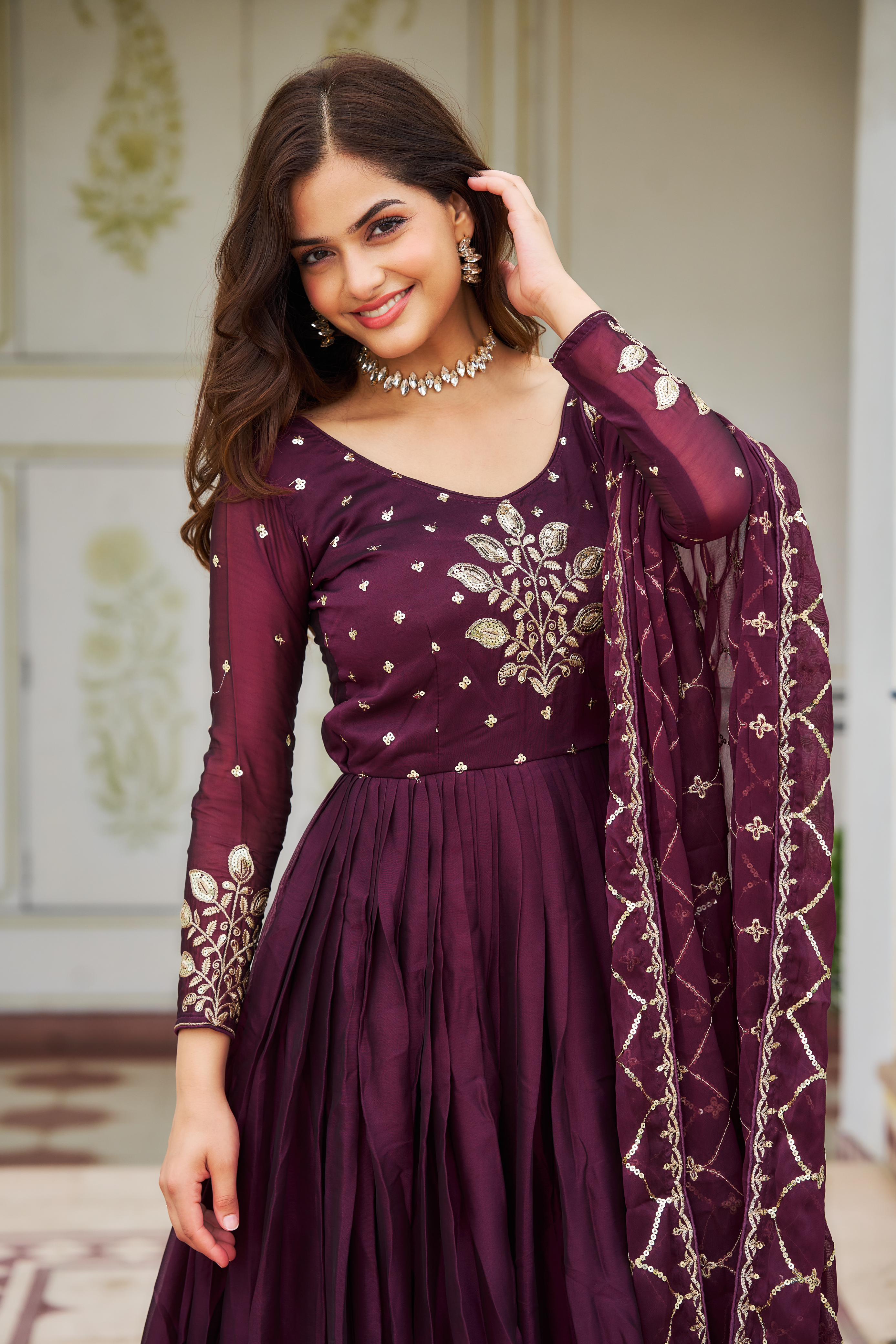 Stunning Wine Color Heavy Work Gown With Dupatta