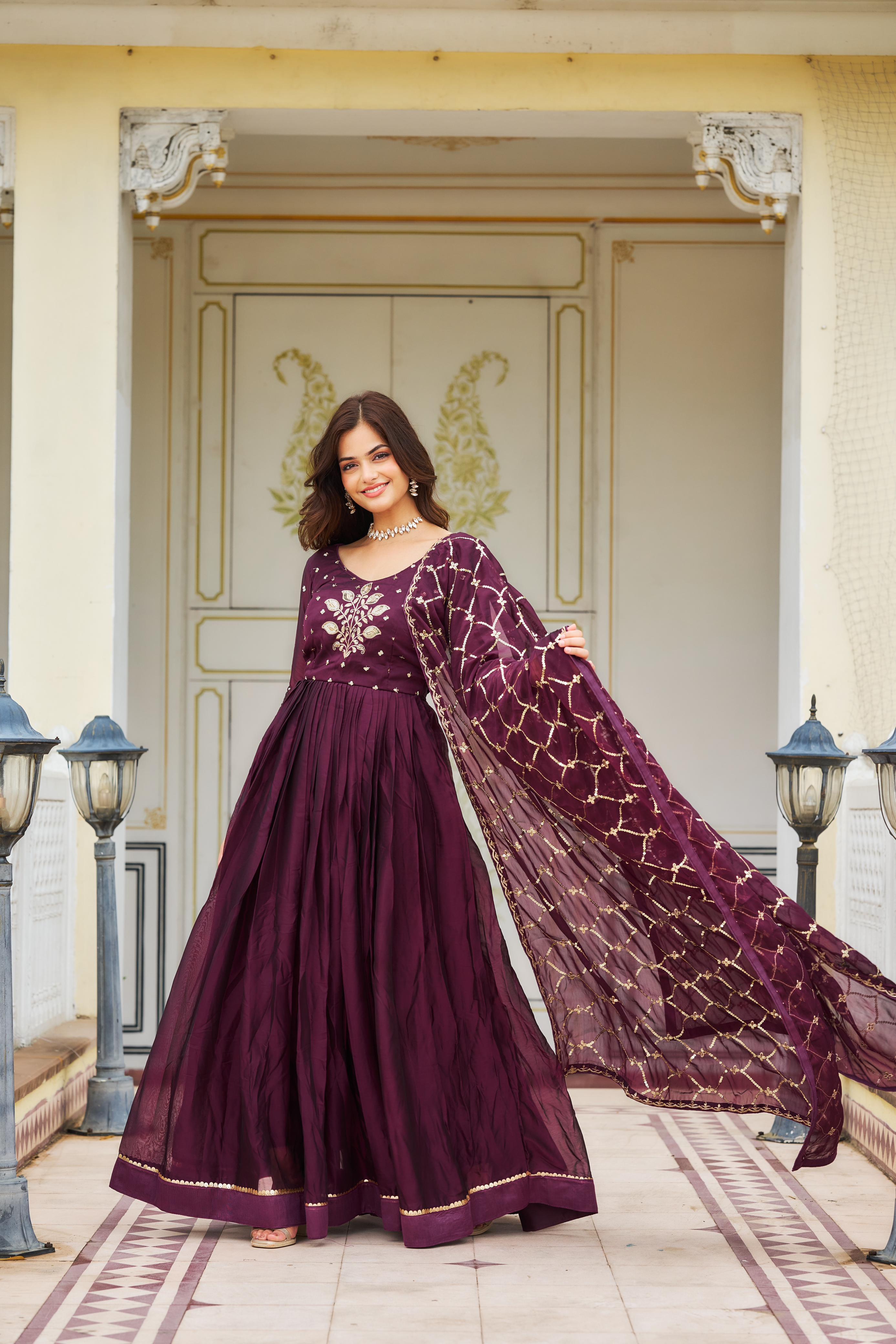 Stunning Wine Color Heavy Work Gown With Dupatta