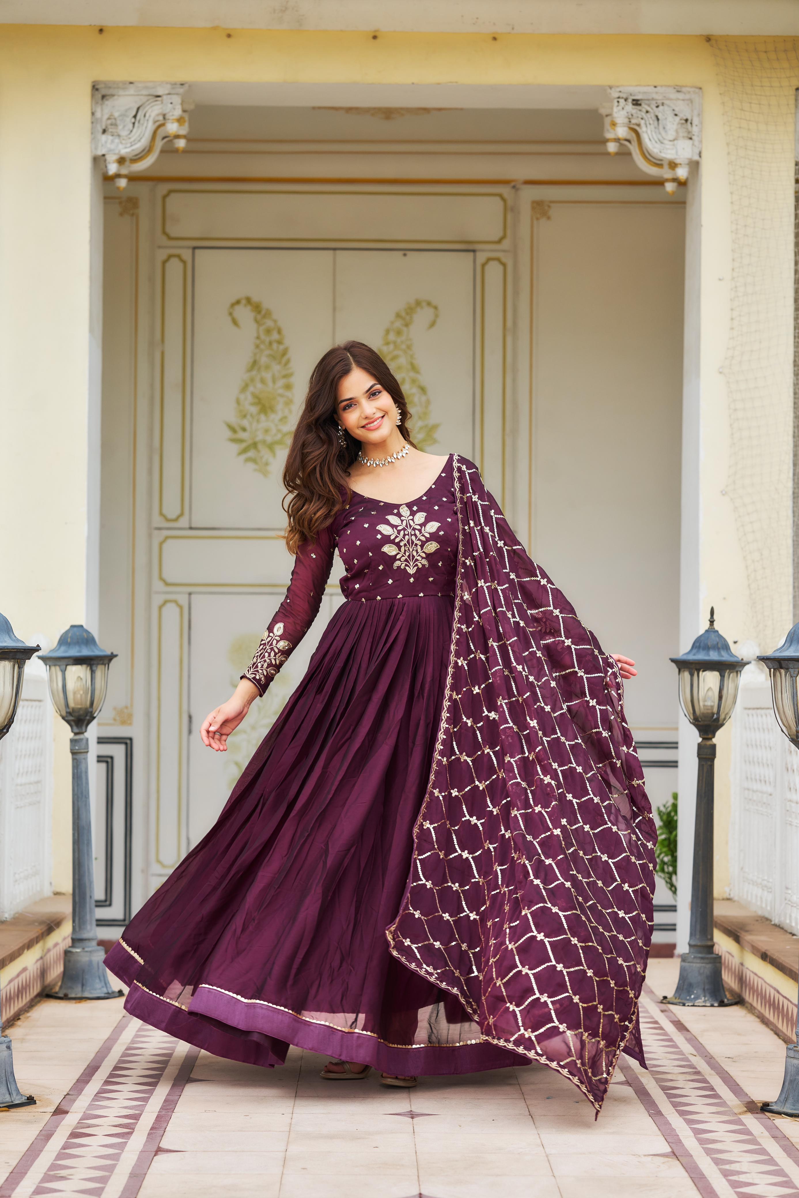 Stunning Wine Color Heavy Work Gown With Dupatta