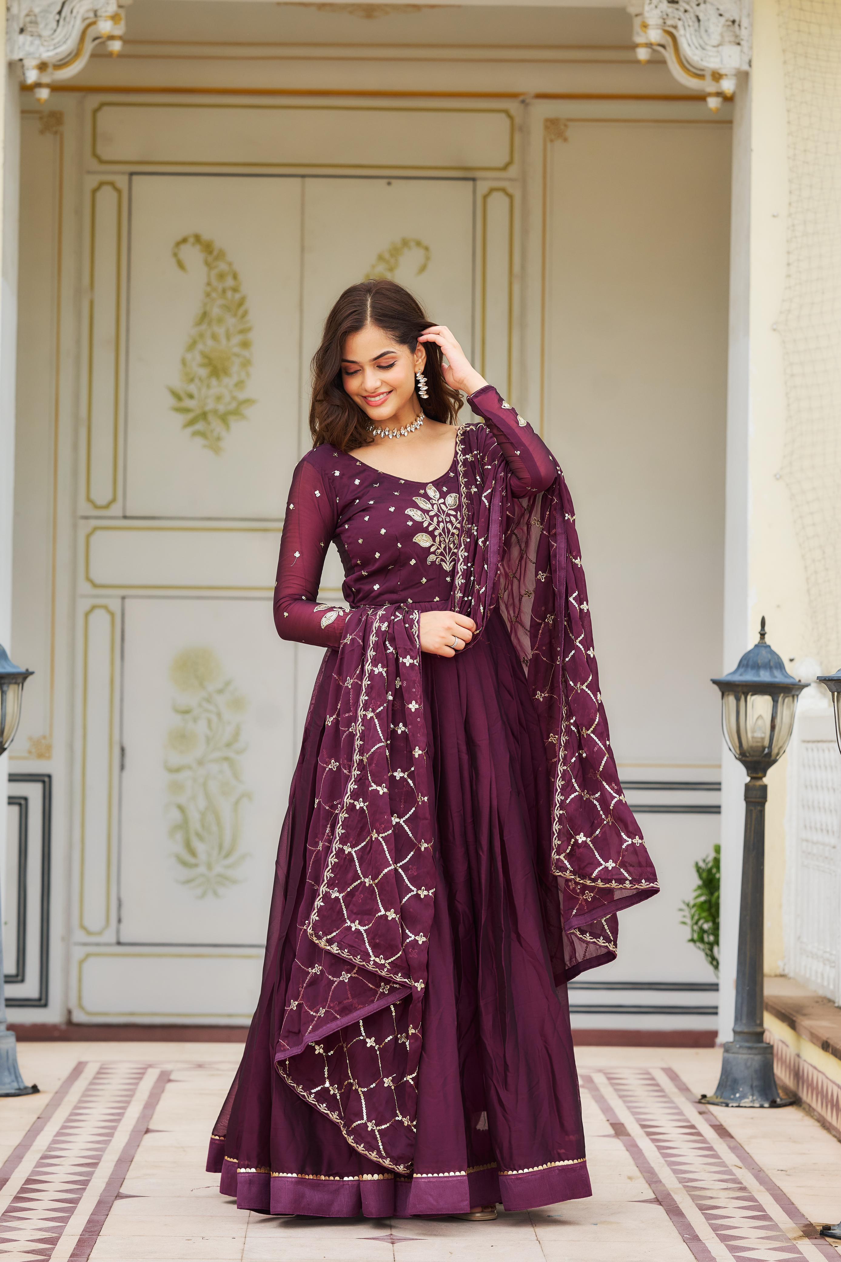 Stunning Wine Color Heavy Work Gown With Dupatta