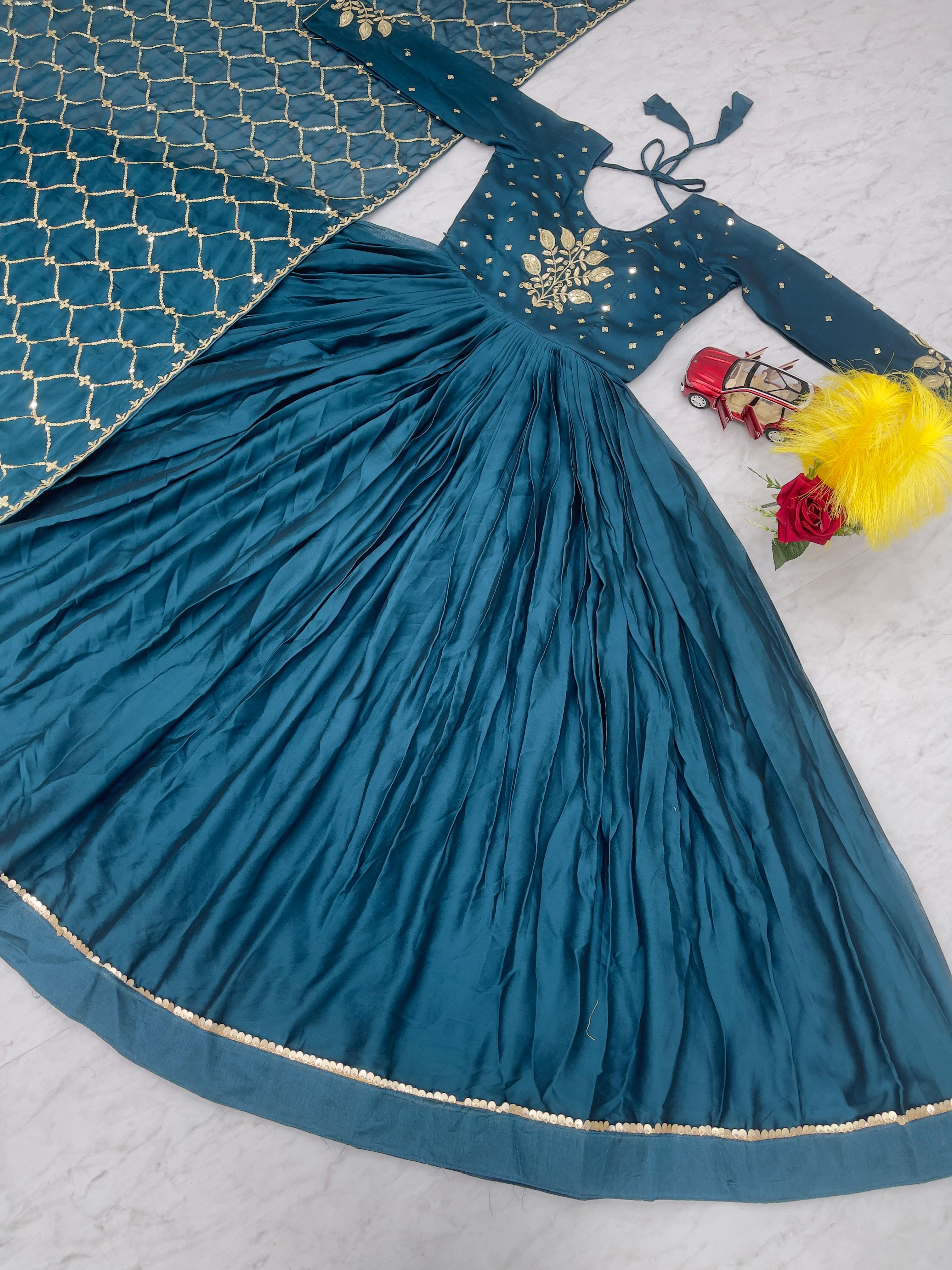 Stunning Teal Blue Color Heavy Work Gown With Dupatta