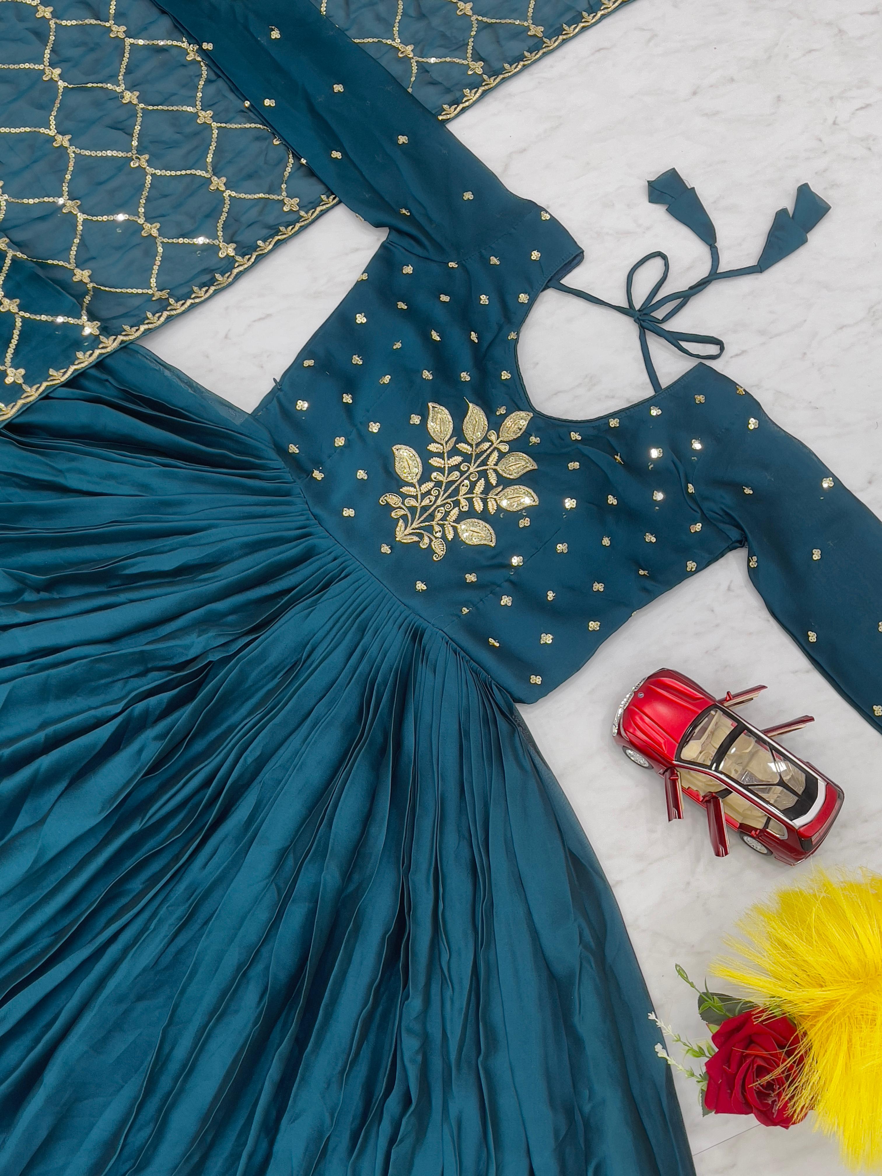 Stunning Teal Blue Color Heavy Work Gown With Dupatta