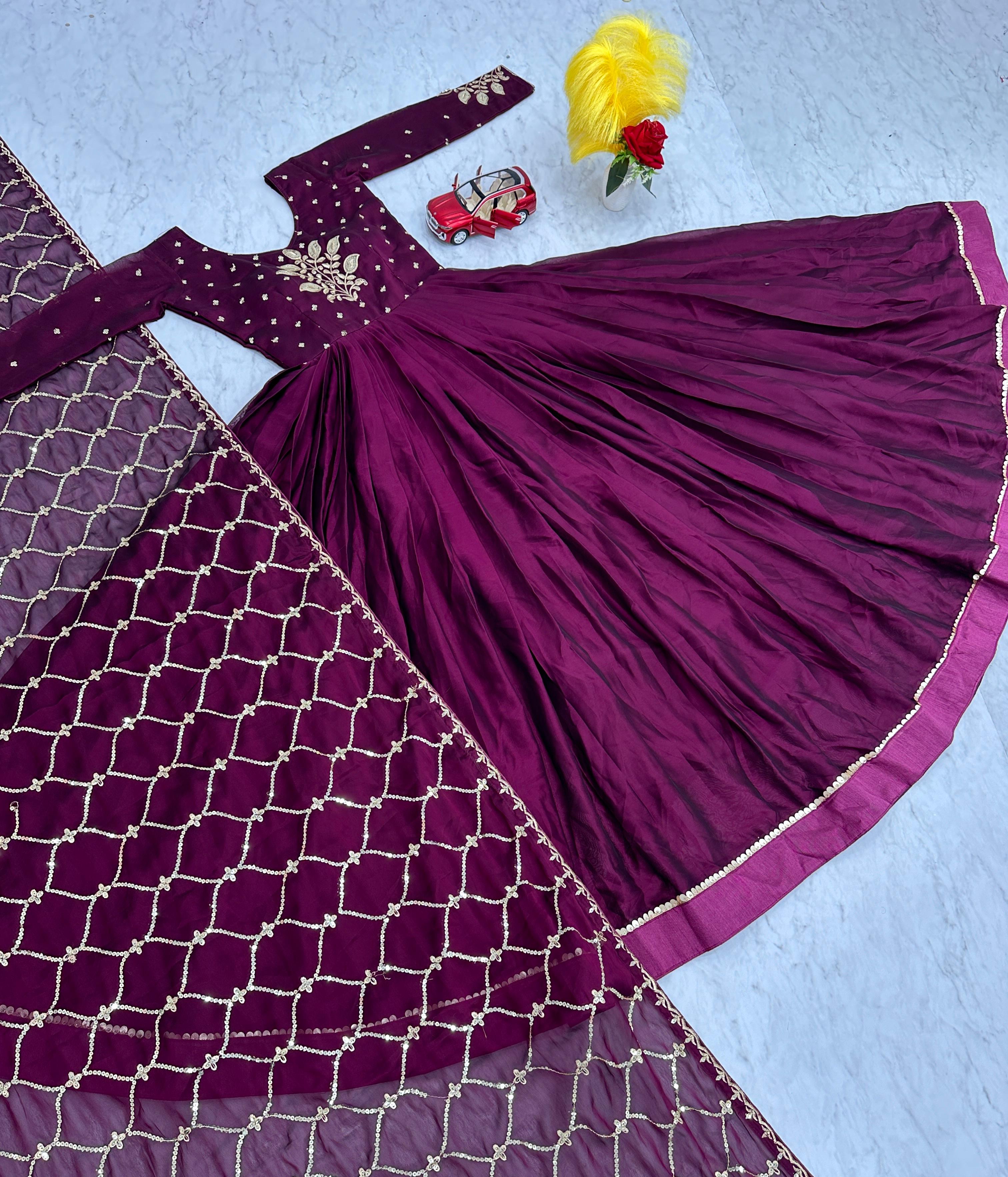 Stunning Wine Color Heavy Work Gown With Dupatta