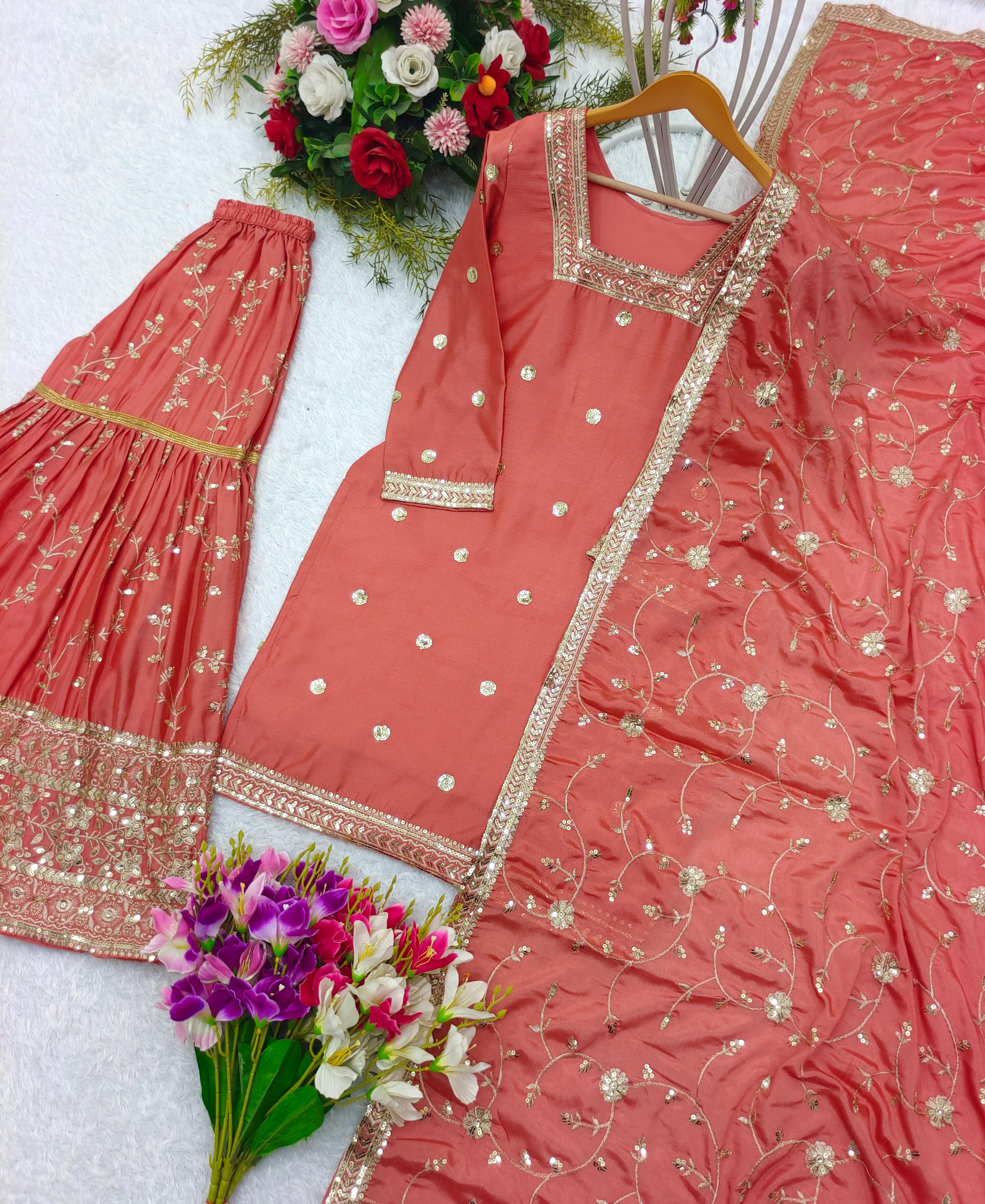 Function Wear Orange Color Heavy Work Sharara Suit