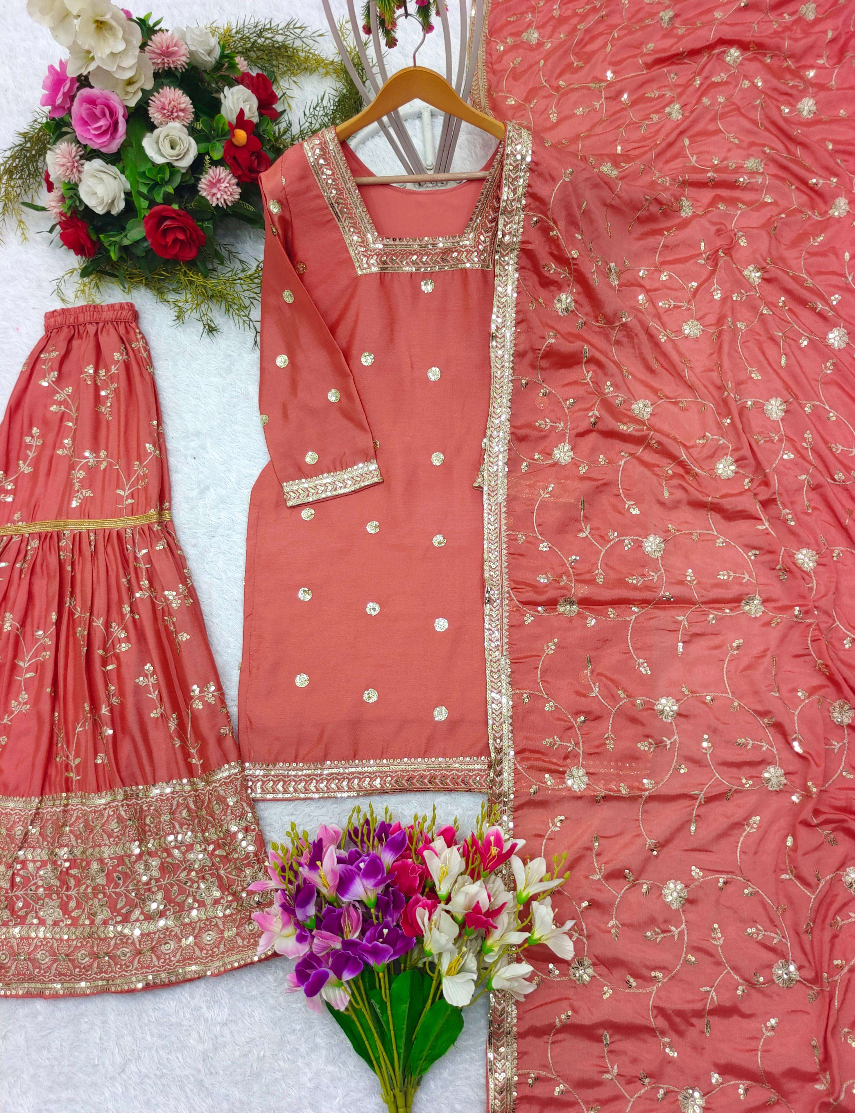 Function Wear Orange Color Heavy Work Sharara Suit