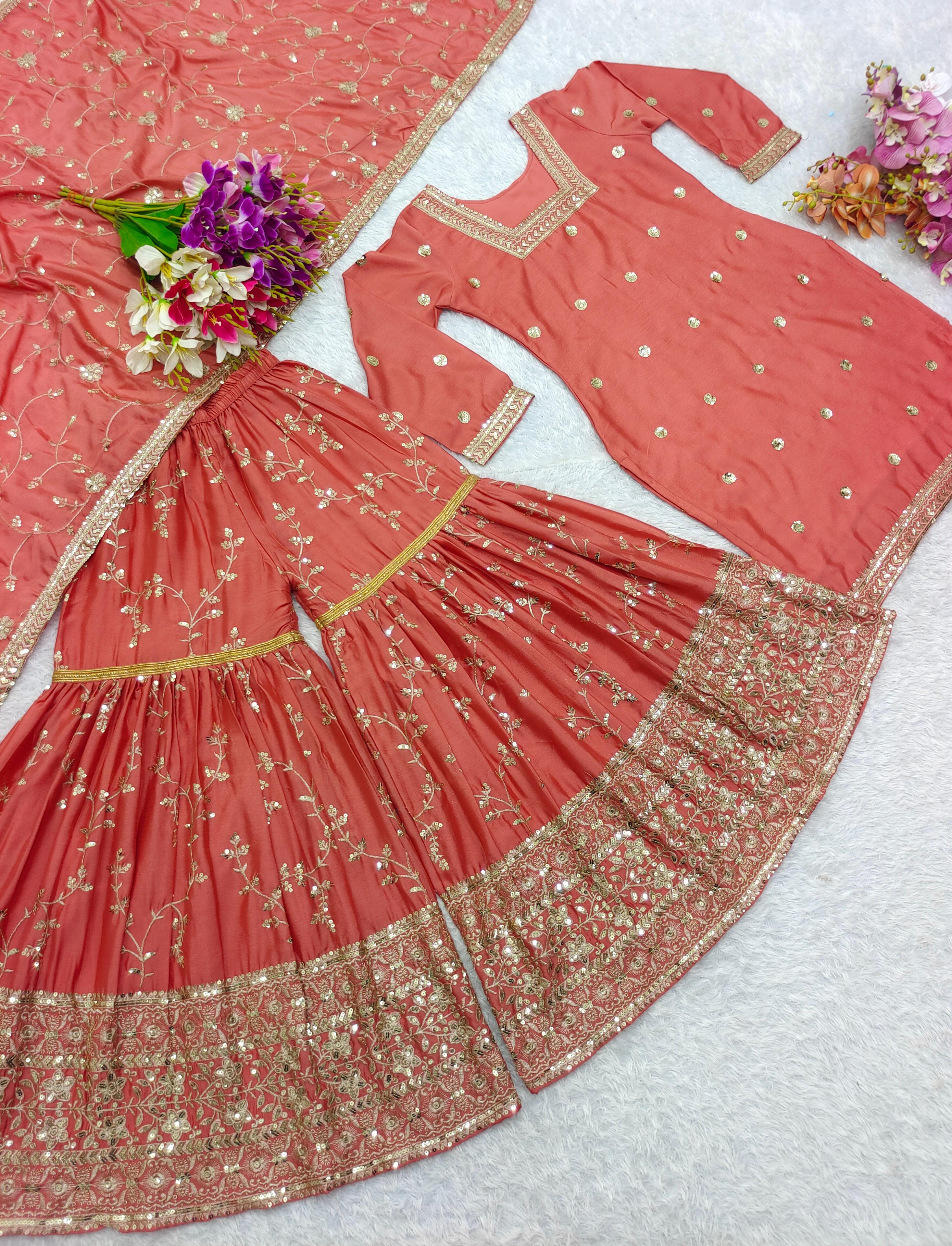 Function Wear Orange Color Heavy Work Sharara Suit