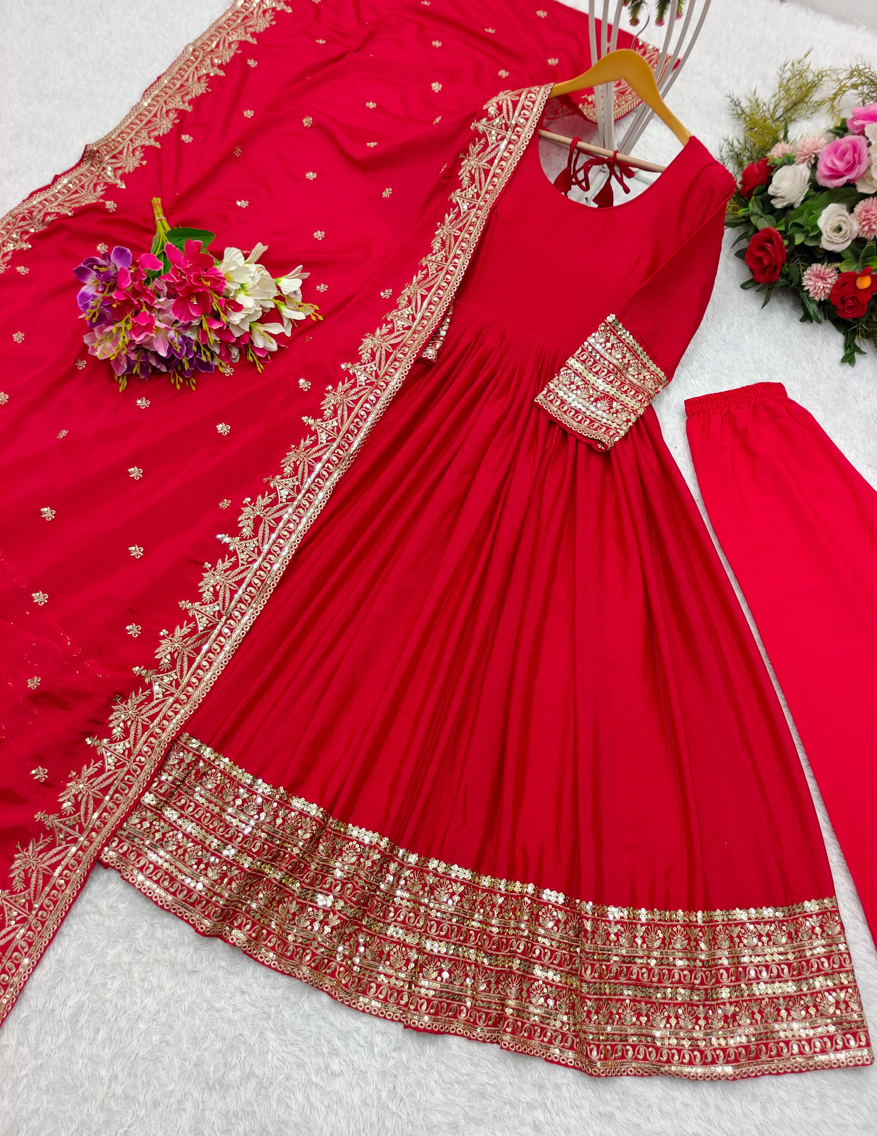 Festive Wear Long Red Gown With Fancy Dupatta