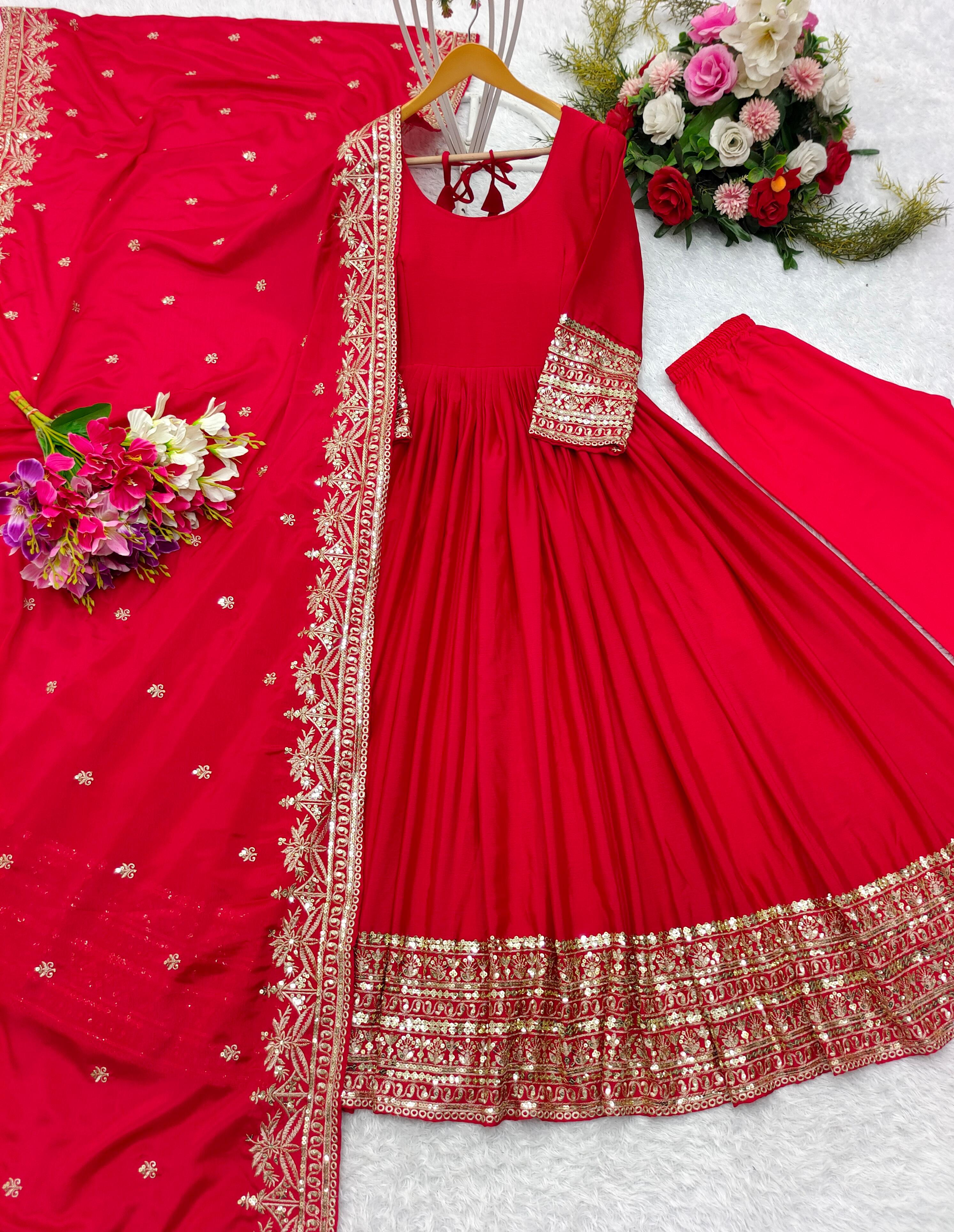 Festive Wear Long Red Gown With Fancy Dupatta