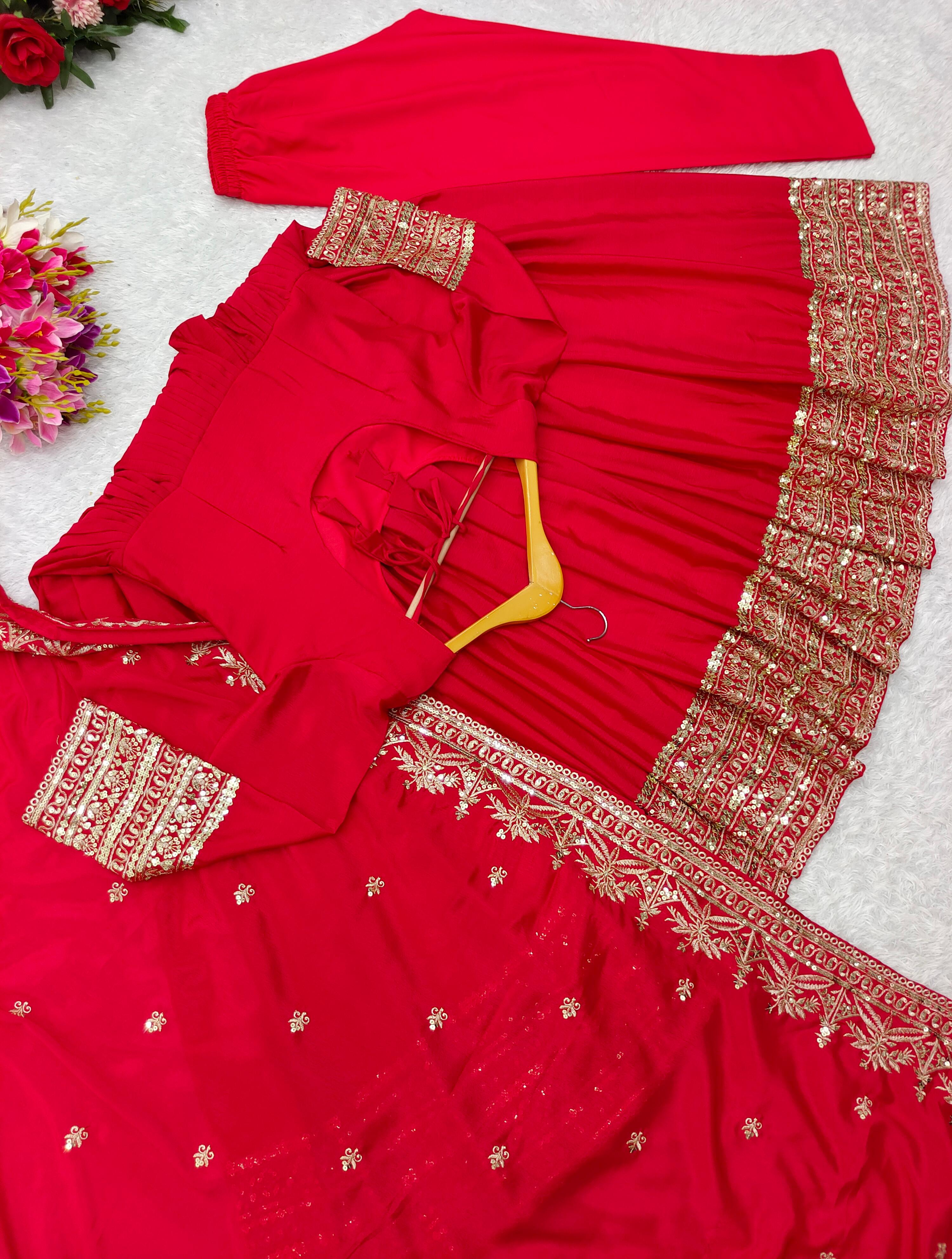 Festive Wear Long Red Gown With Fancy Dupatta