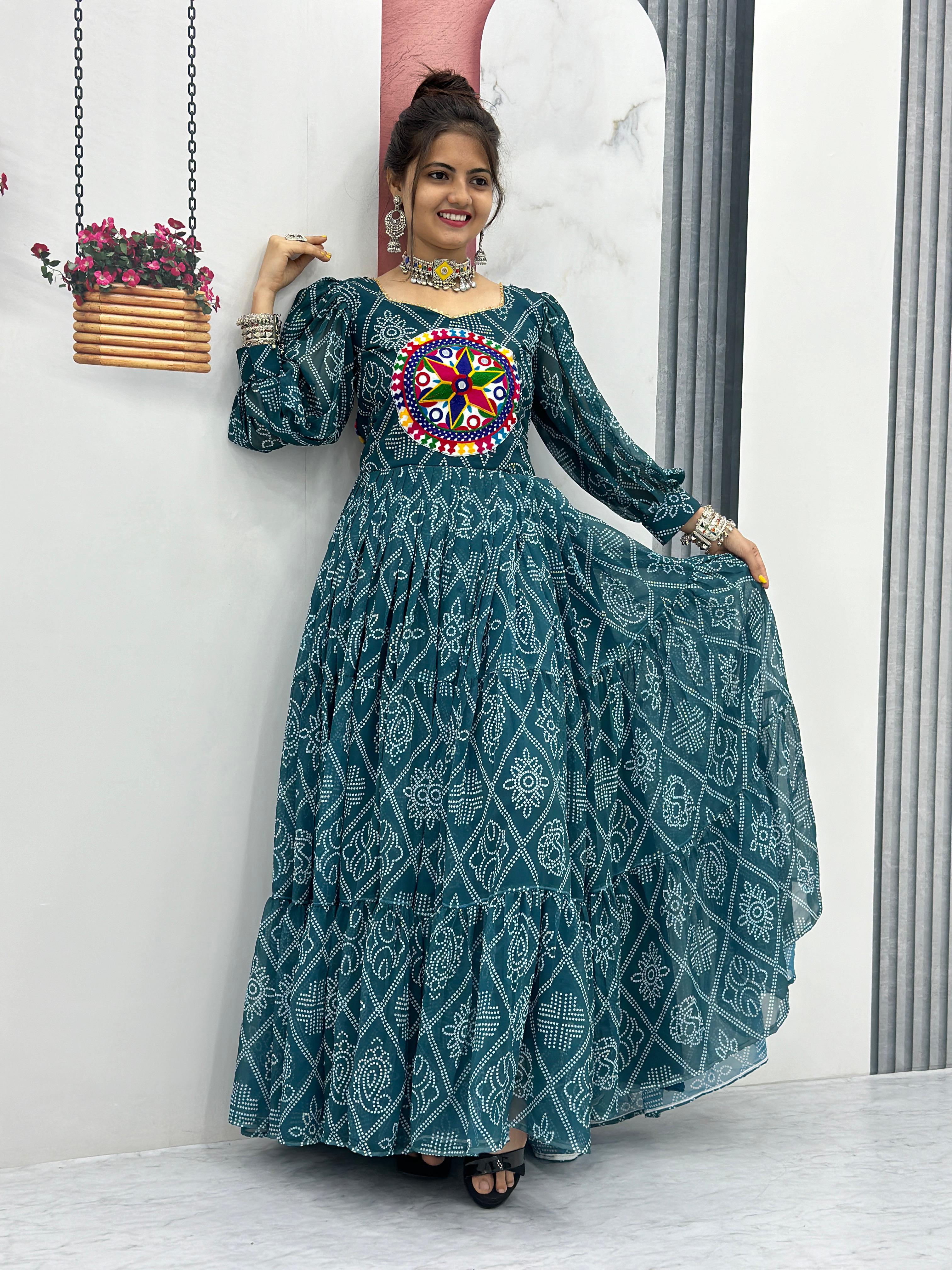 Bandhani Print Green Color Gamthi Work Gown