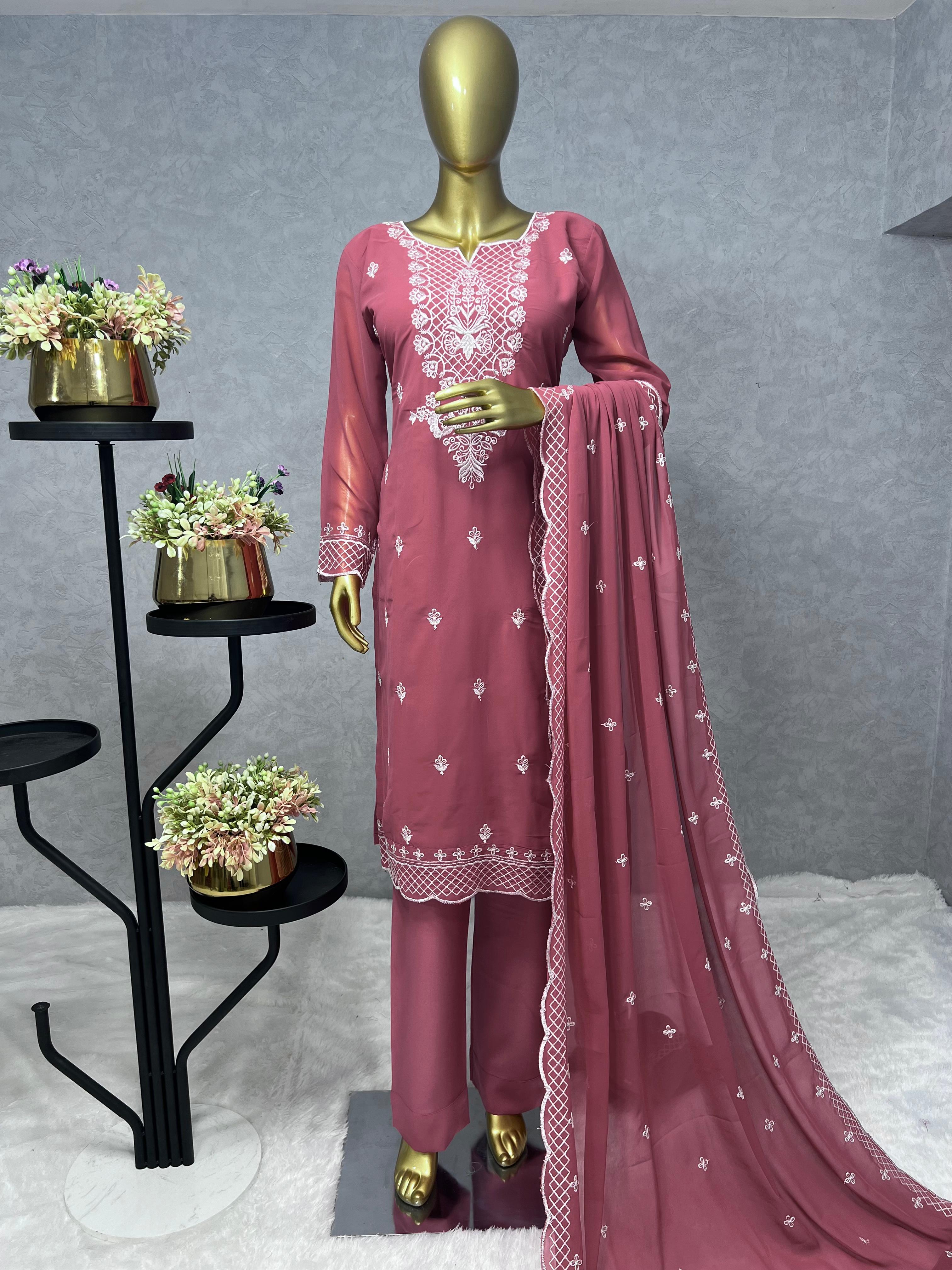 Function Wear Dusty Pink Color Thread Work Kurti Pant With Dupatta