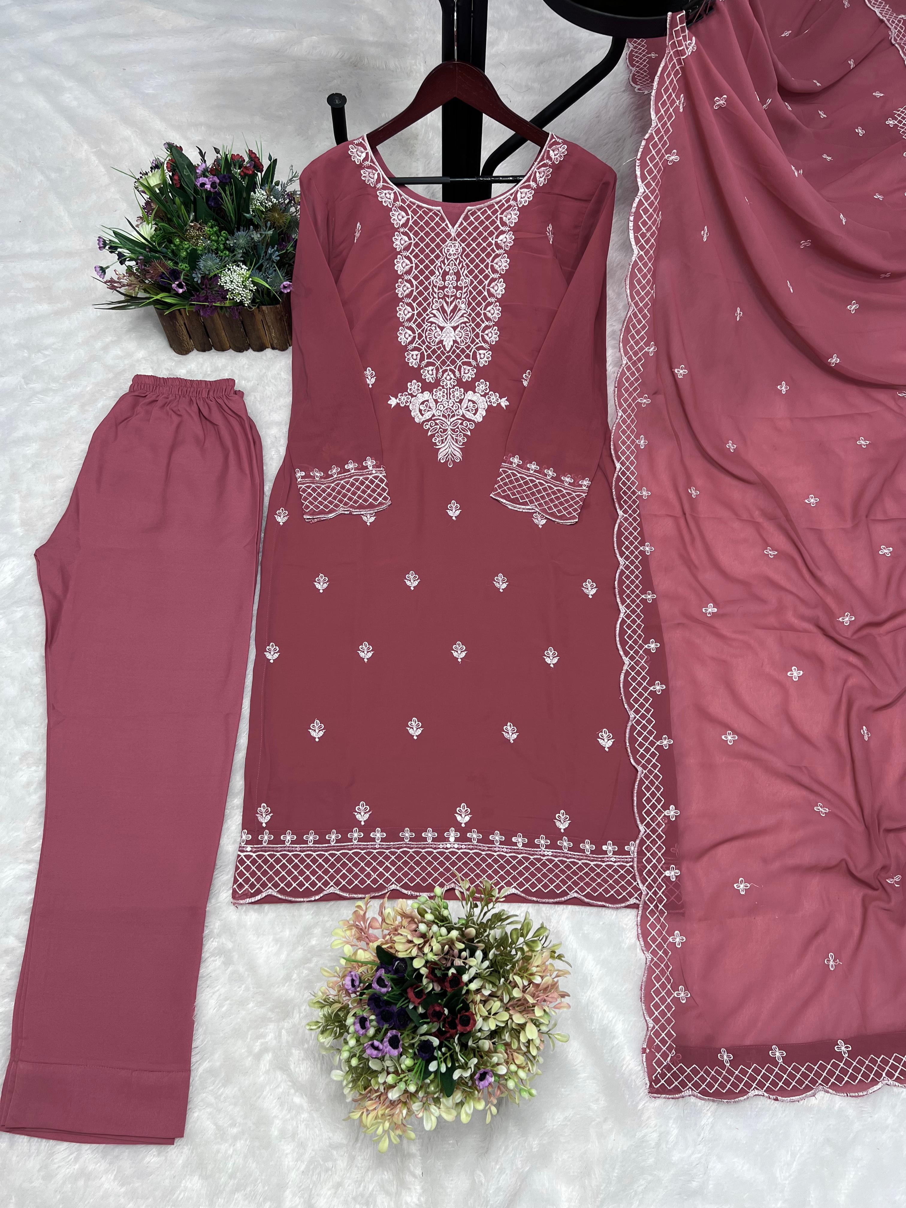 Function Wear Dusty Pink Color Thread Work Kurti Pant With Dupatta