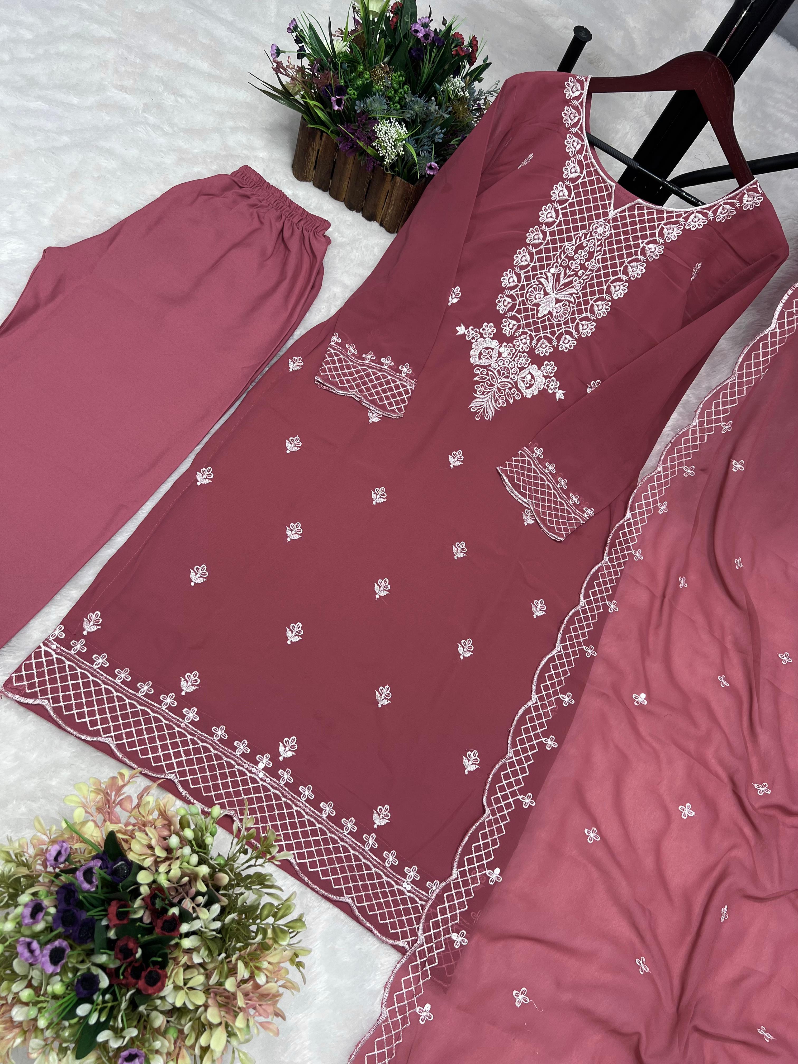 Function Wear Dusty Pink Color Thread Work Kurti Pant With Dupatta