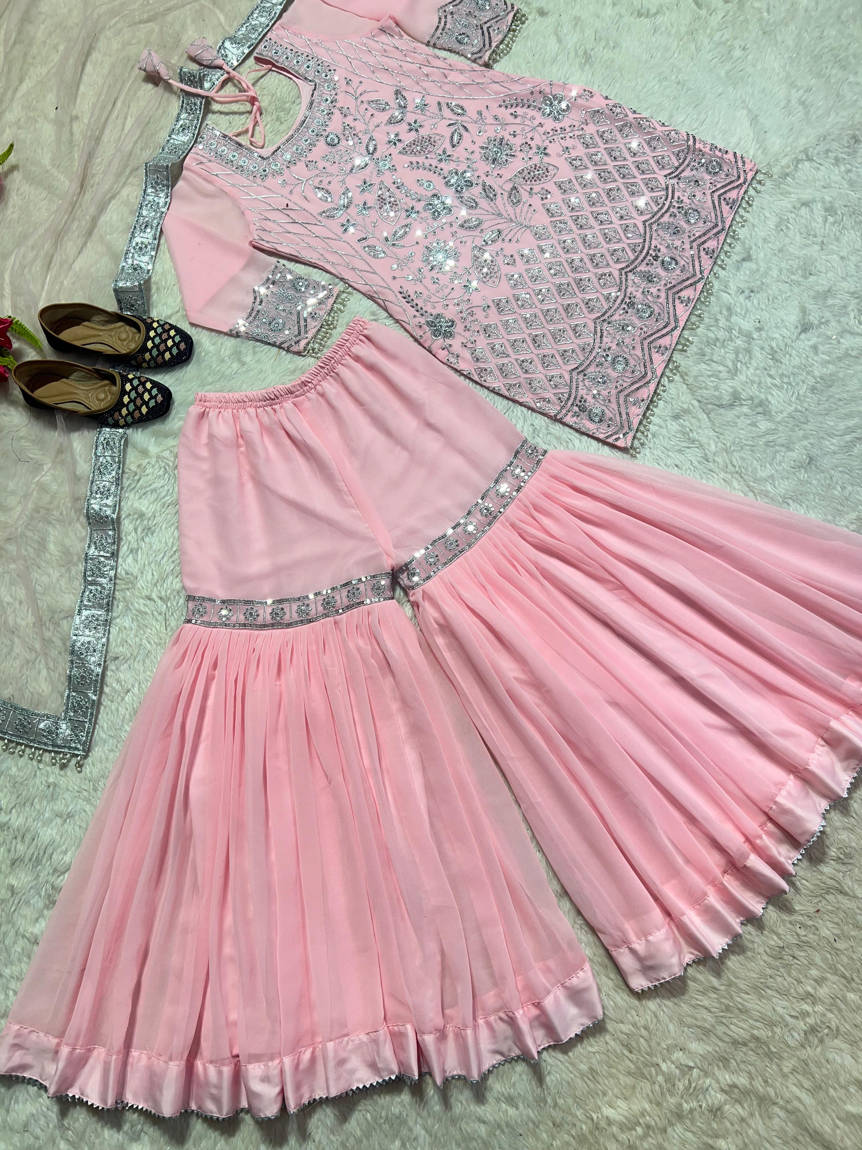 Occasion wear Peach Sequence Work Georgette Sharara Suit