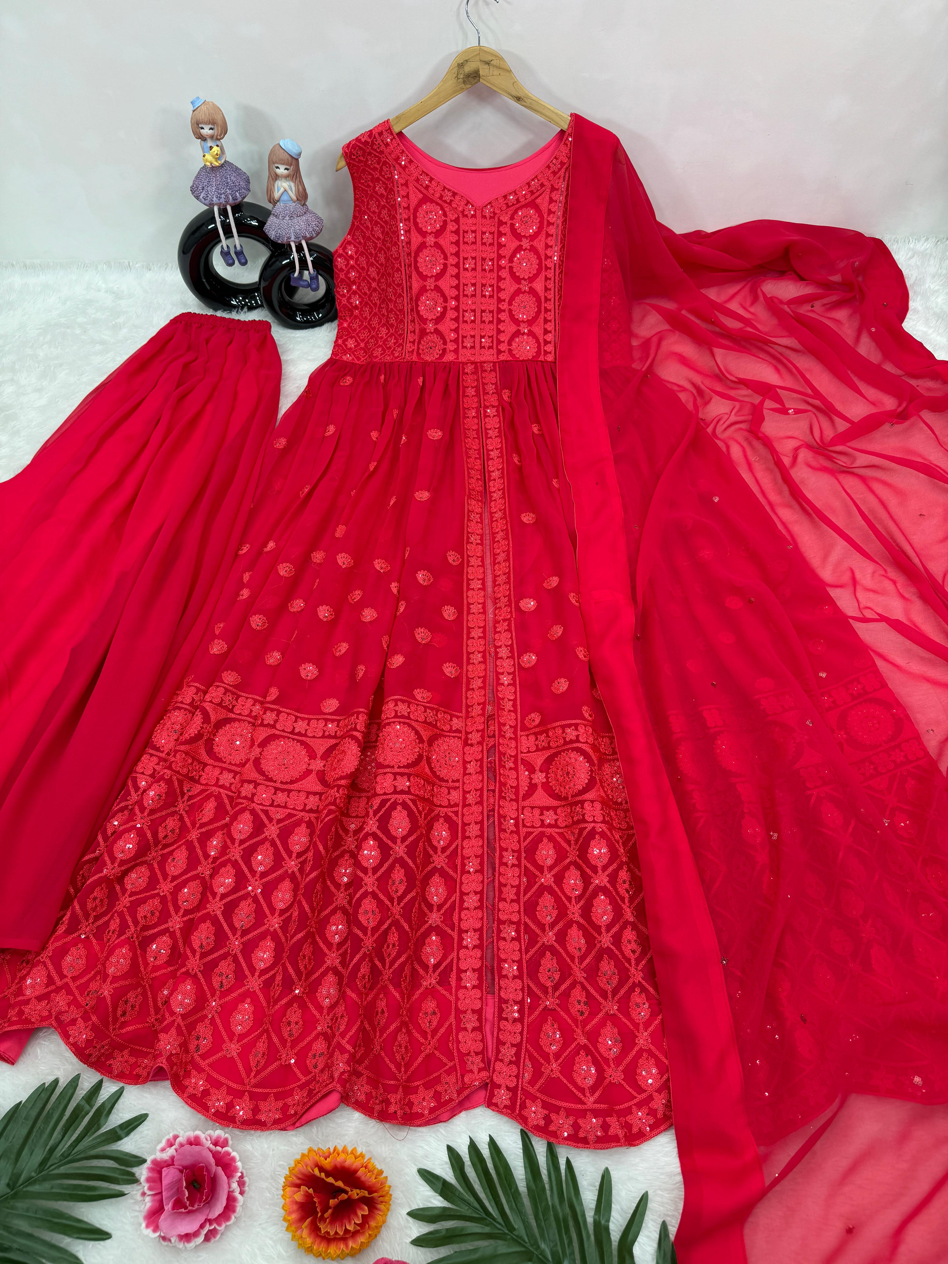 Trendy Red Front Slit Chine Sequence Work Kurti Palazzo Set