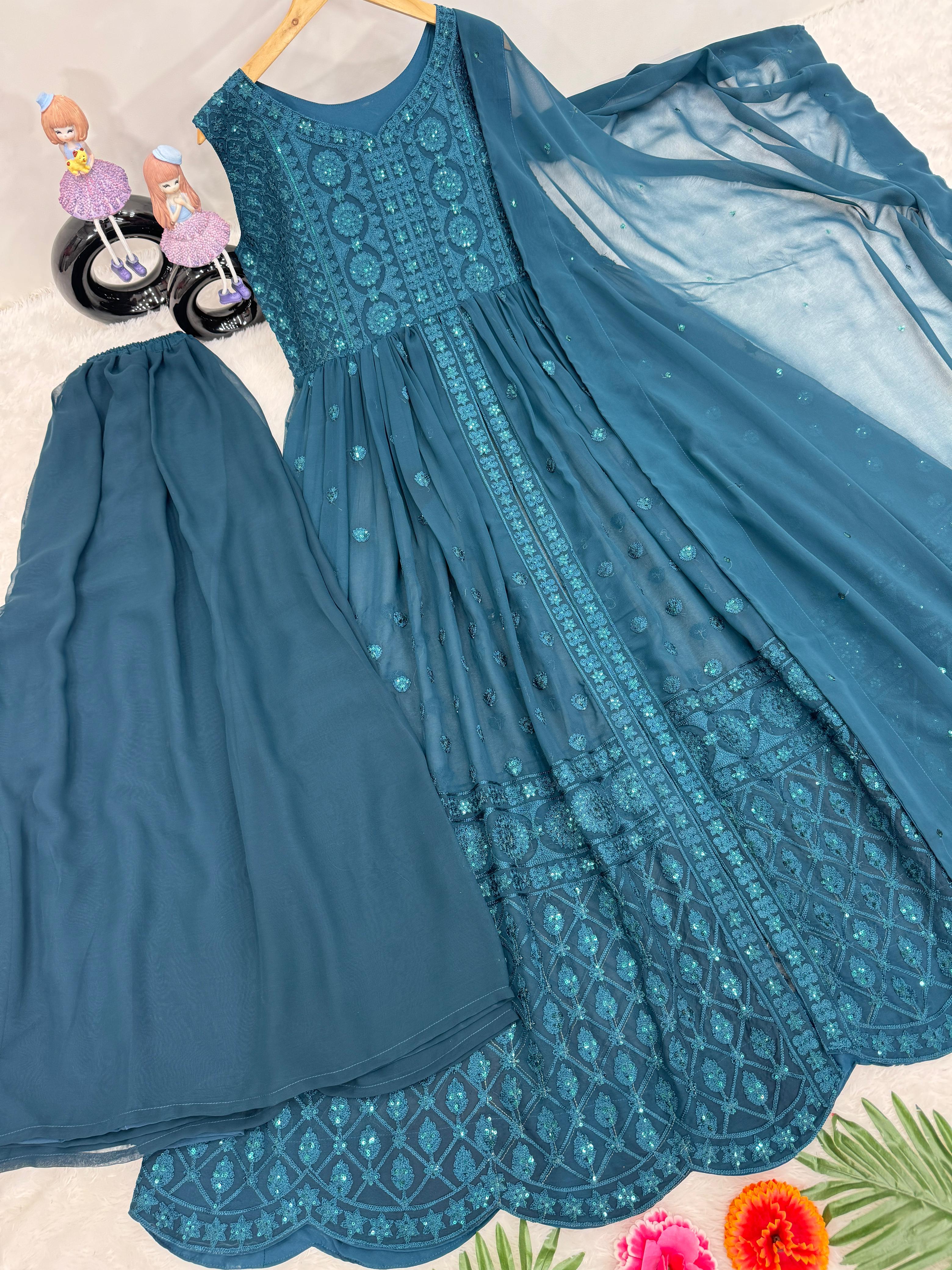 Trendy Teal Blue Front Slit Chine Sequence Work Kurti Palazzo Set