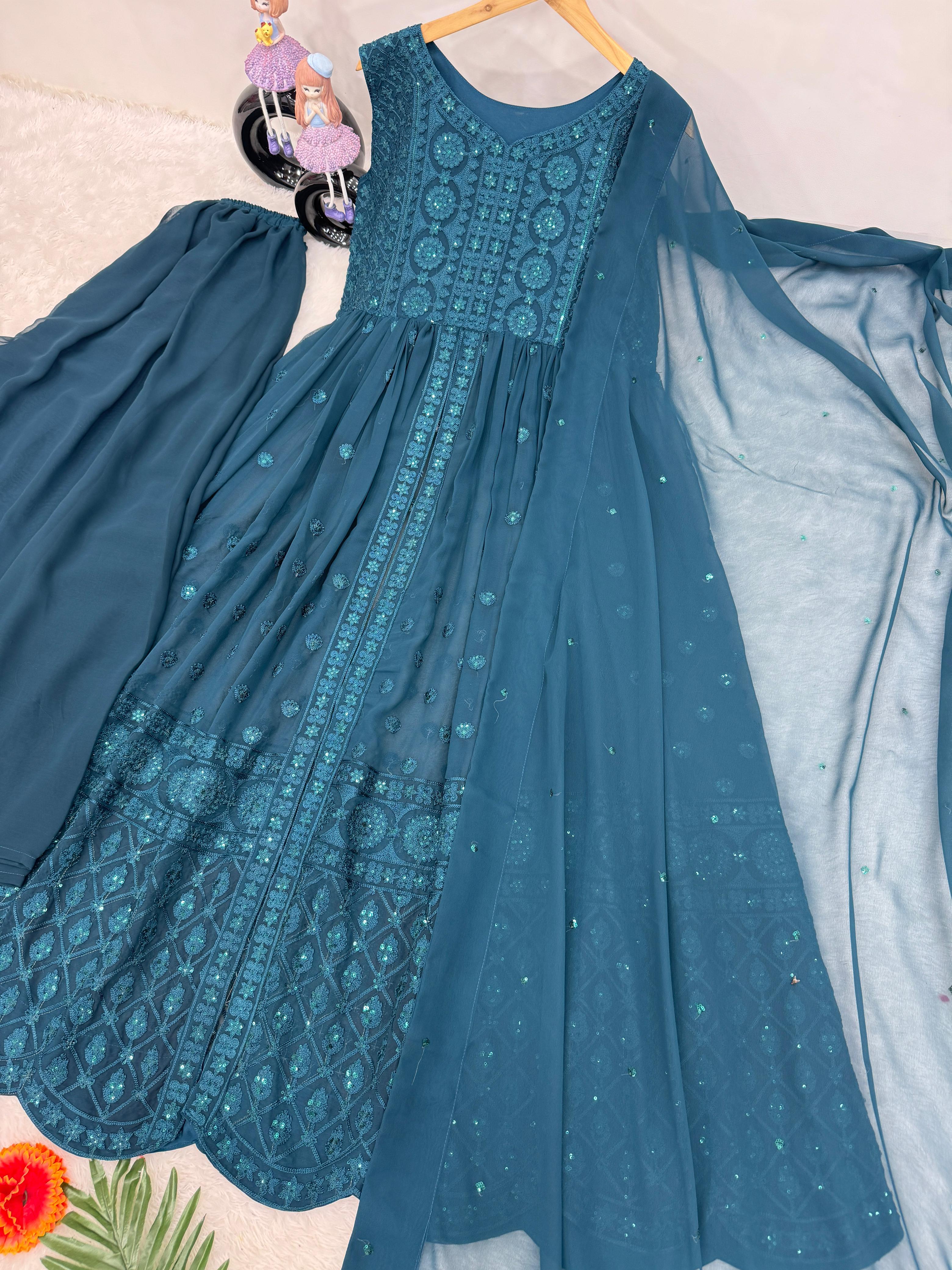 Trendy Teal Blue Front Slit Chine Sequence Work Kurti Palazzo Set