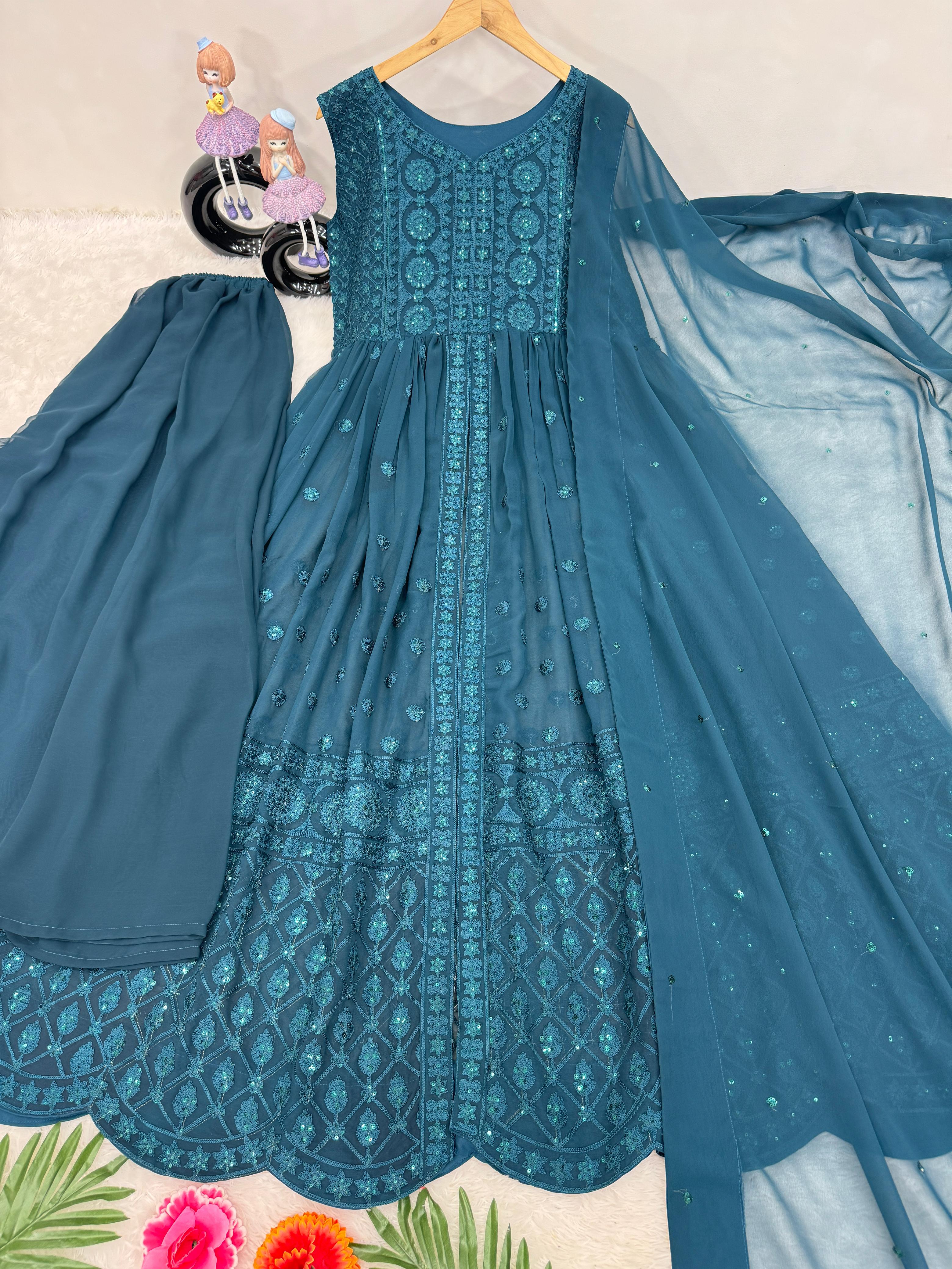 Trendy Teal Blue Front Slit Chine Sequence Work Kurti Palazzo Set