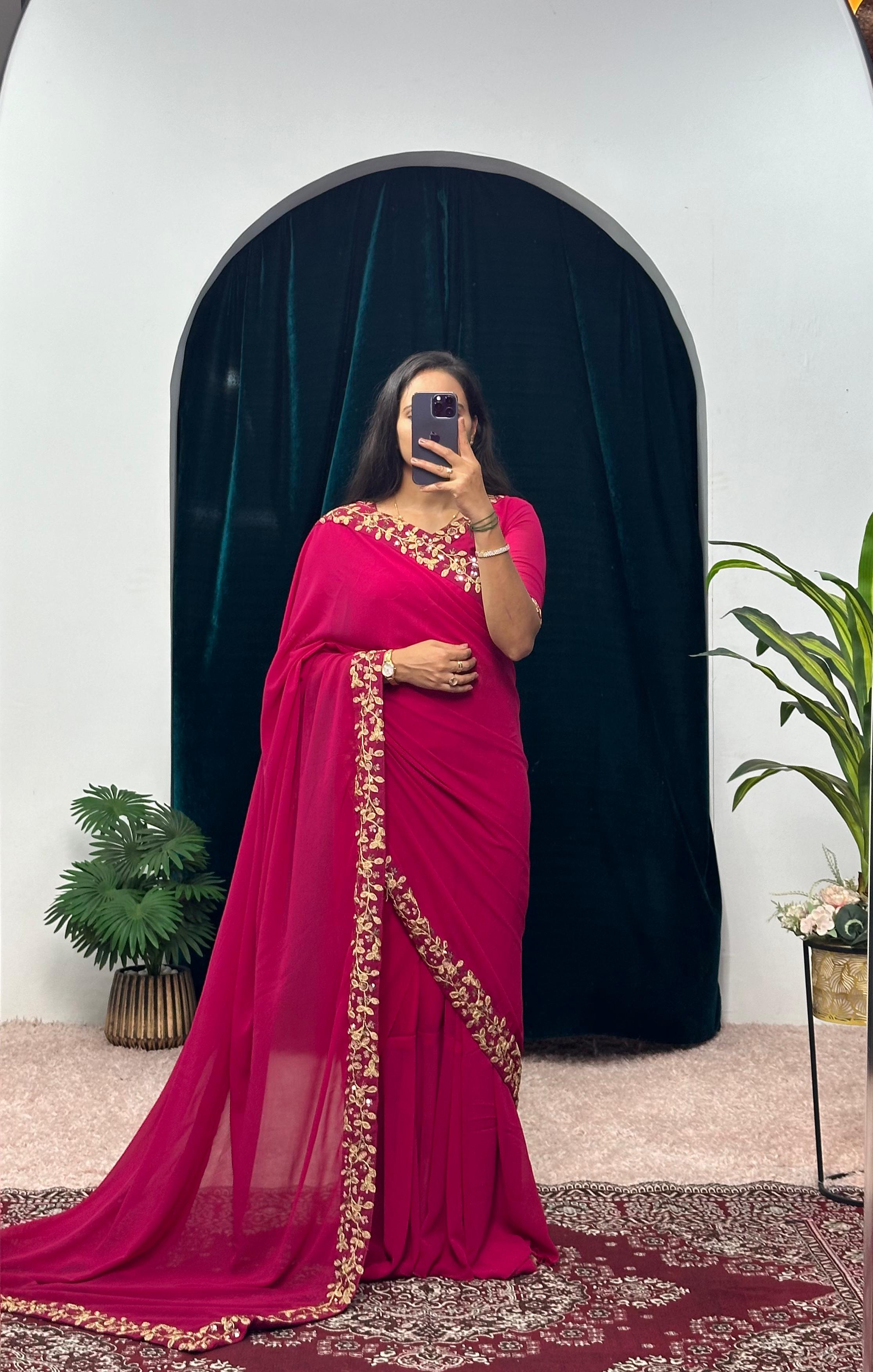 Trending Pink Color Gown With Attached Pallu Saree