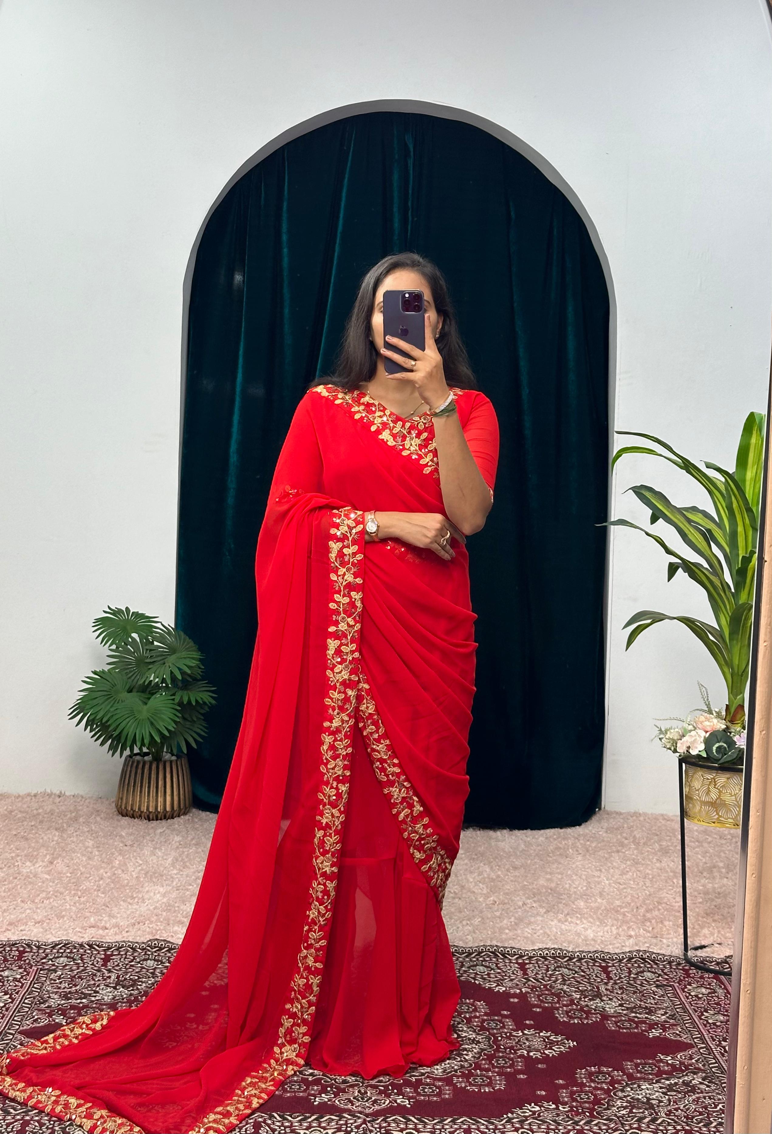 Trending Red Color Gown With Attached Pallu Saree