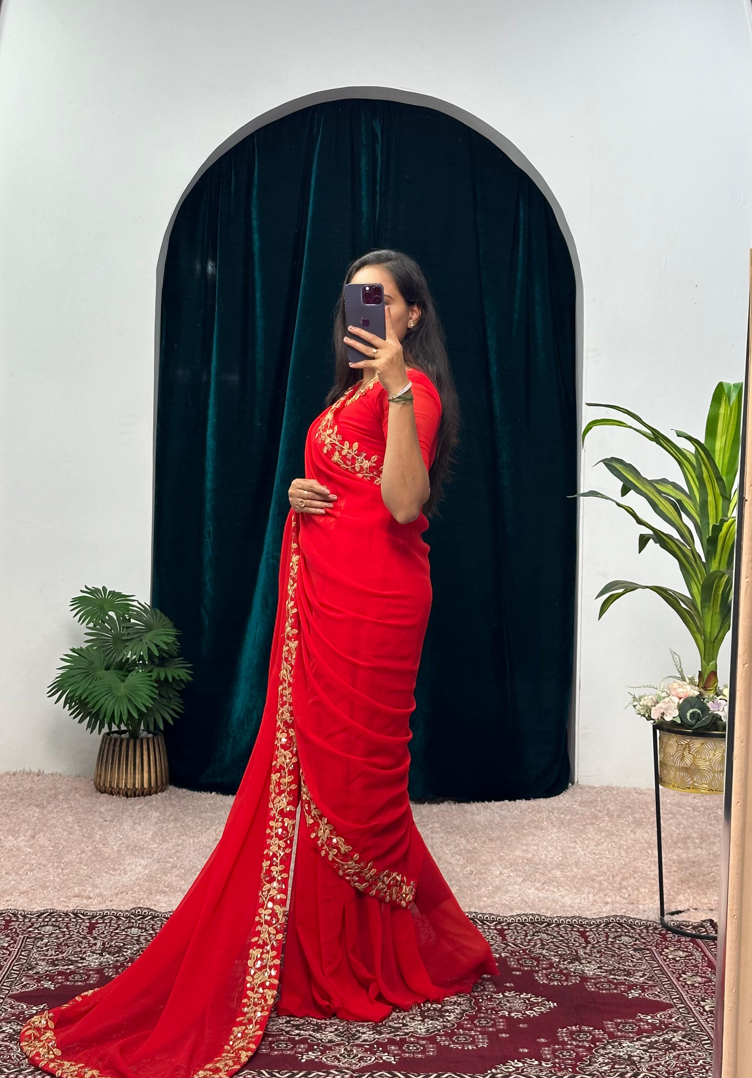 Trending Red Color Gown With Attached Pallu Saree