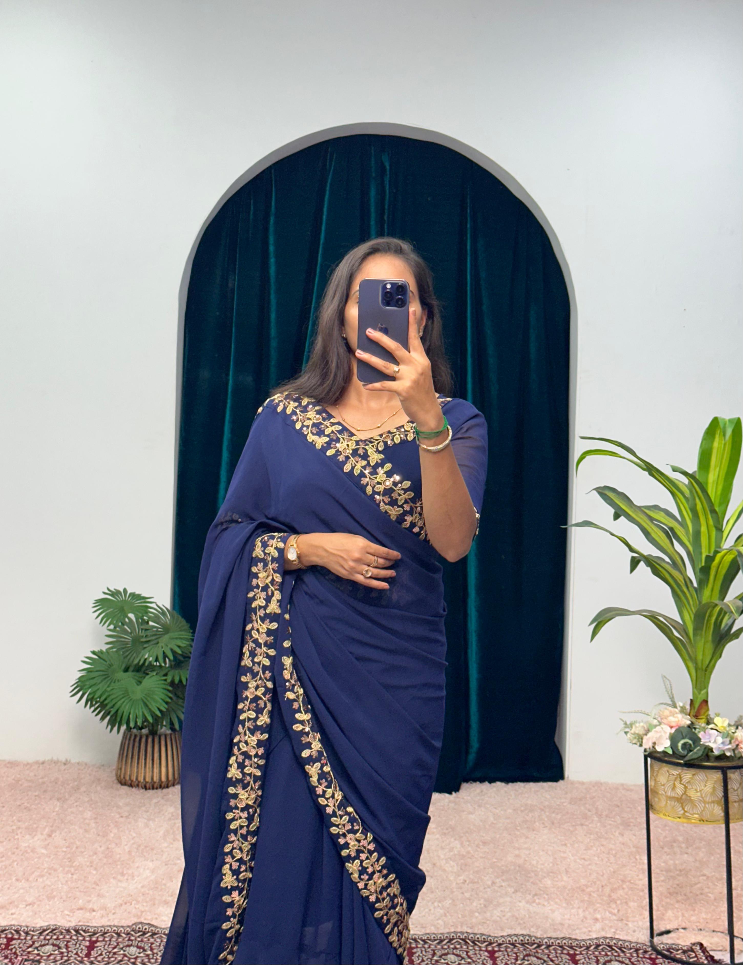 Trending Blue Color Gown With Attached Pallu Saree