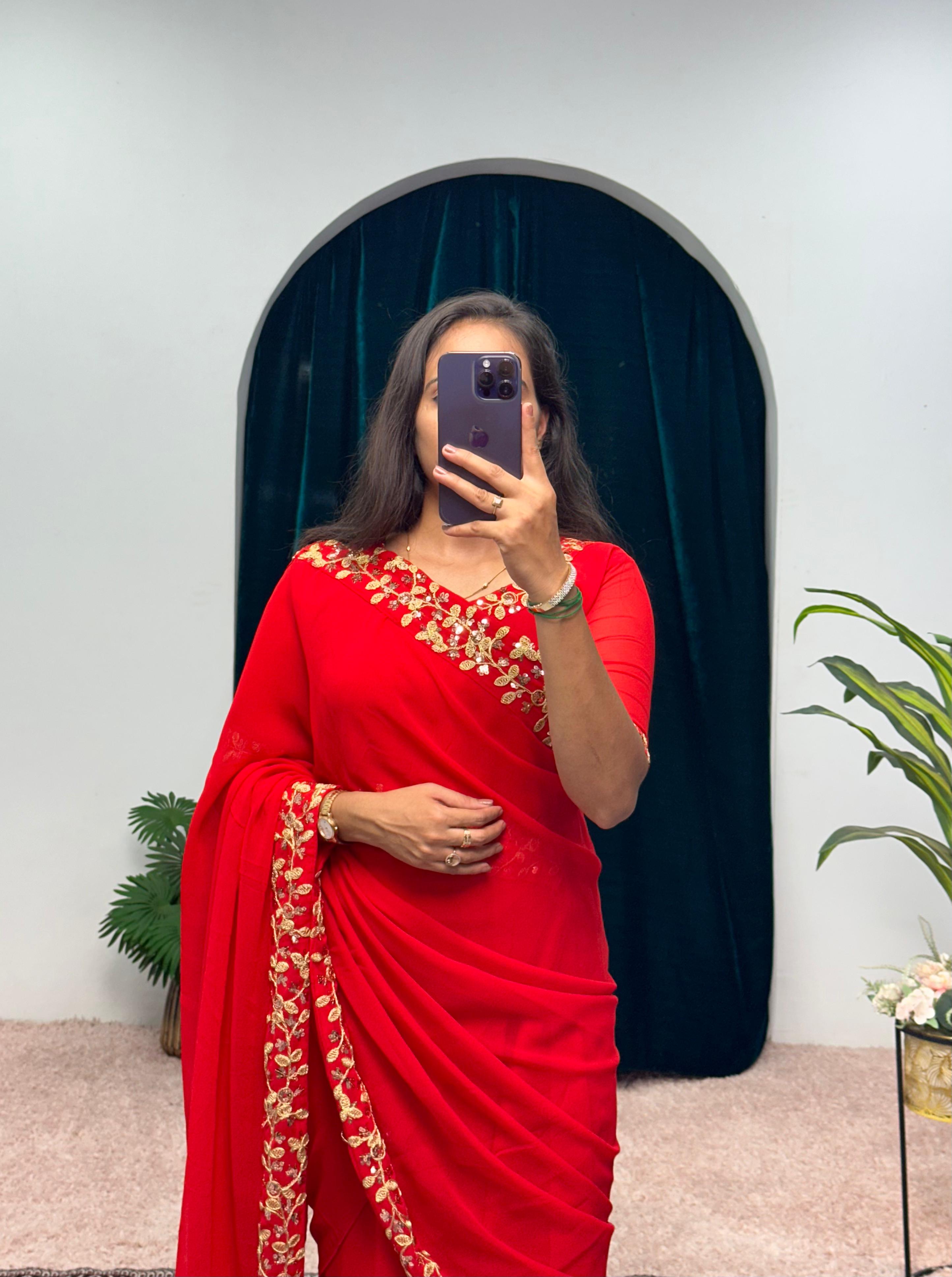 Trending Red Color Gown With Attached Pallu Saree