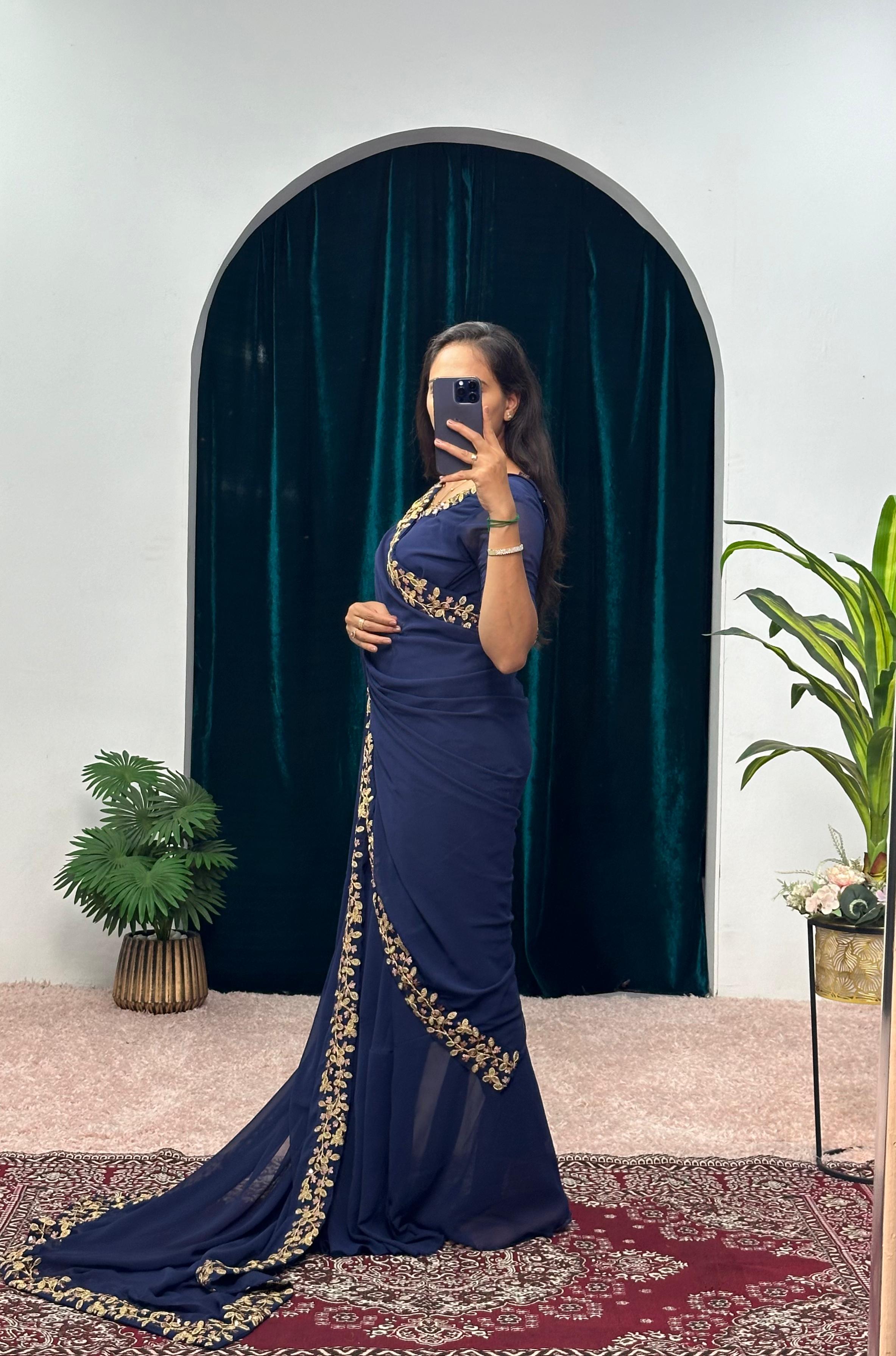 Trending Blue Color Gown With Attached Pallu Saree