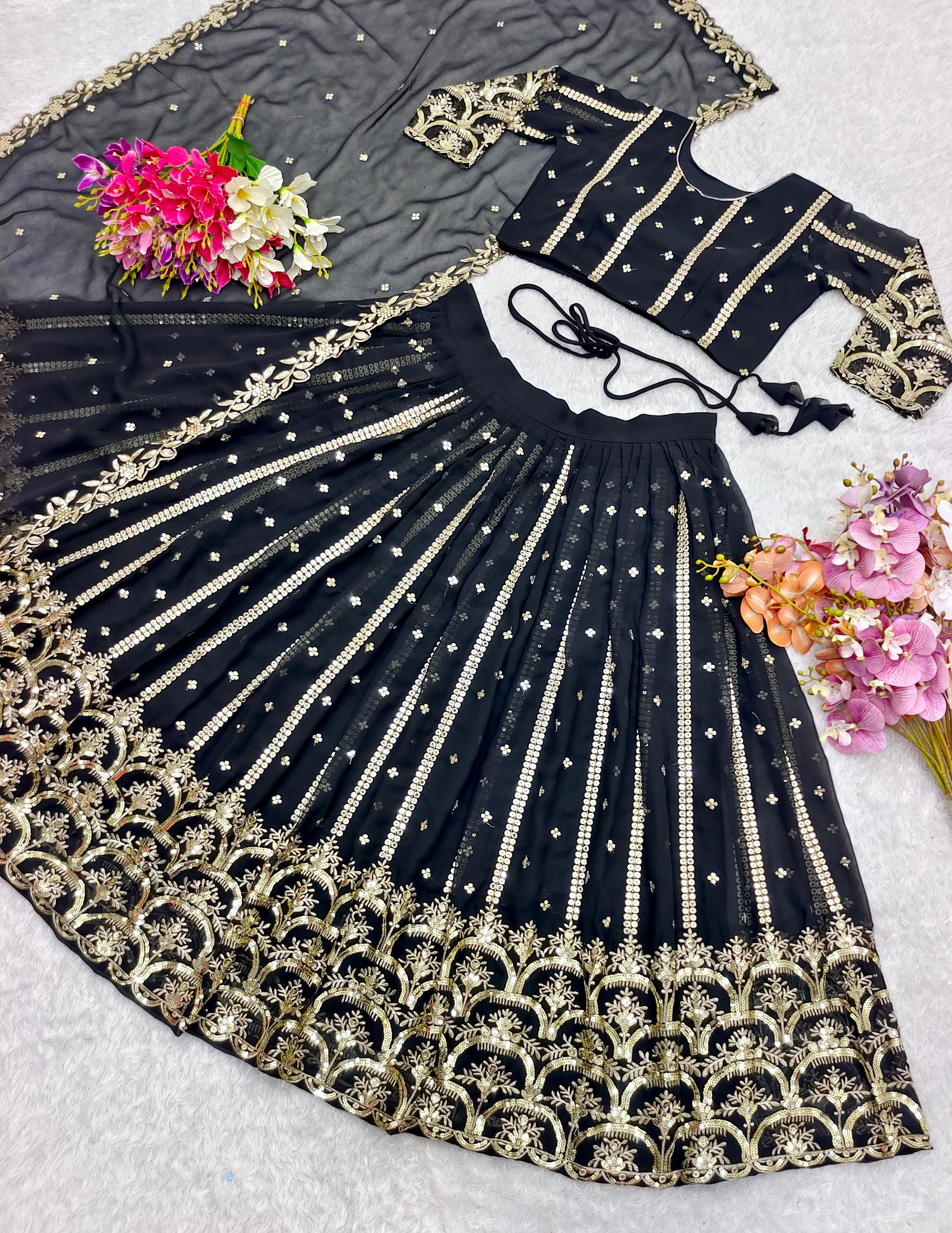 Fashionable Full Heavy Sequence Work Black Lehenga Choli