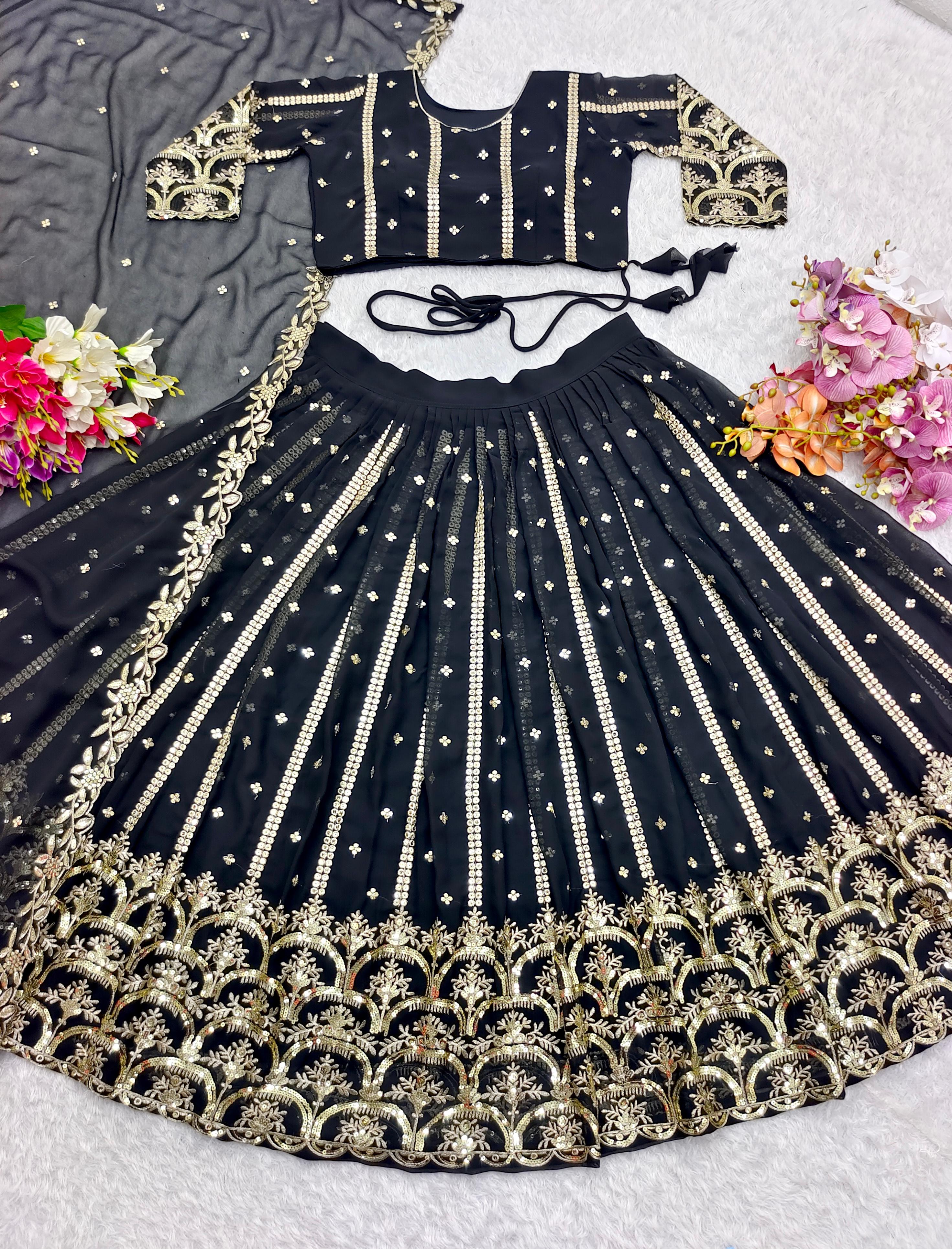 Fashionable Full Heavy Sequence Work Black Lehenga Choli