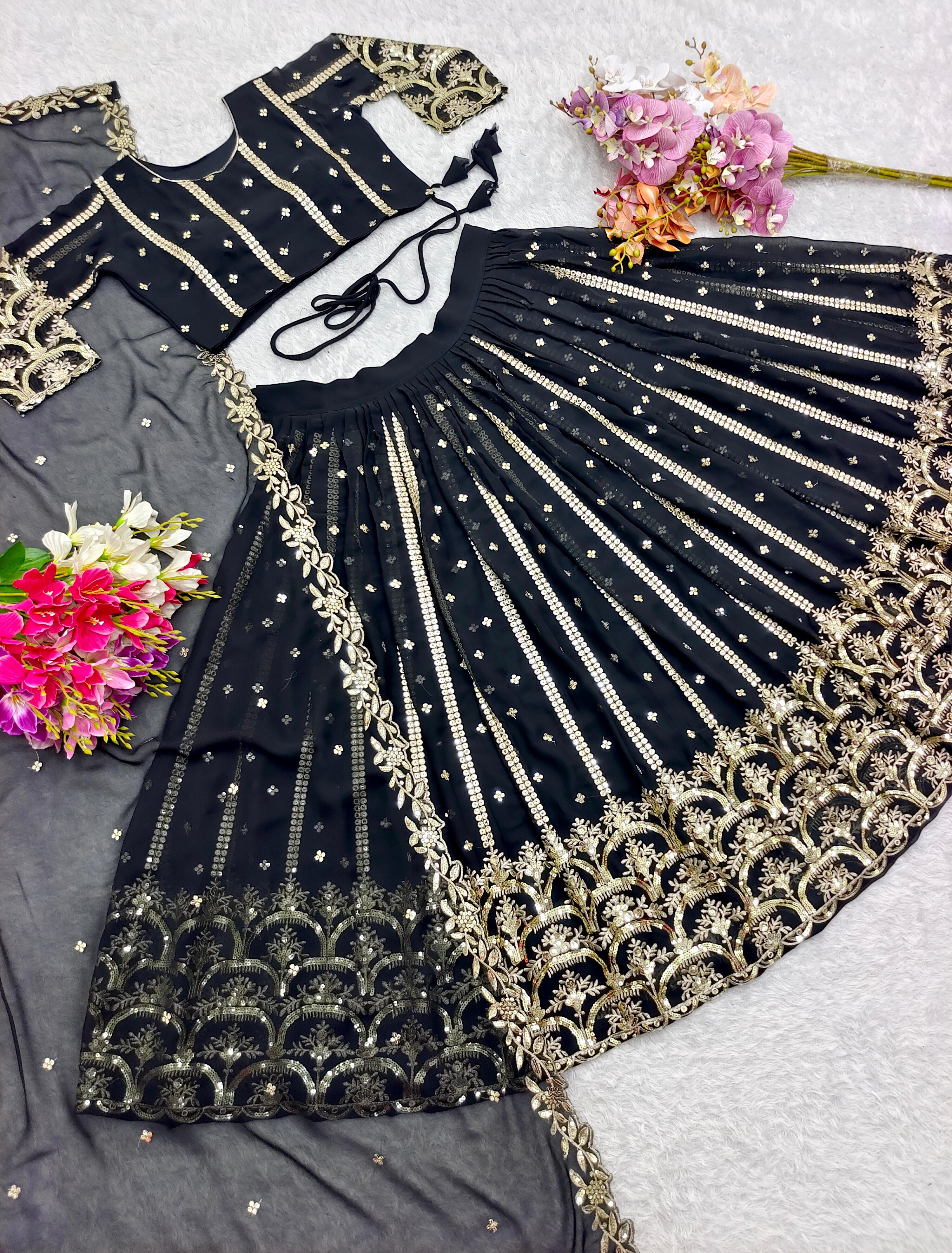 Fashionable Full Heavy Sequence Work Black Lehenga Choli