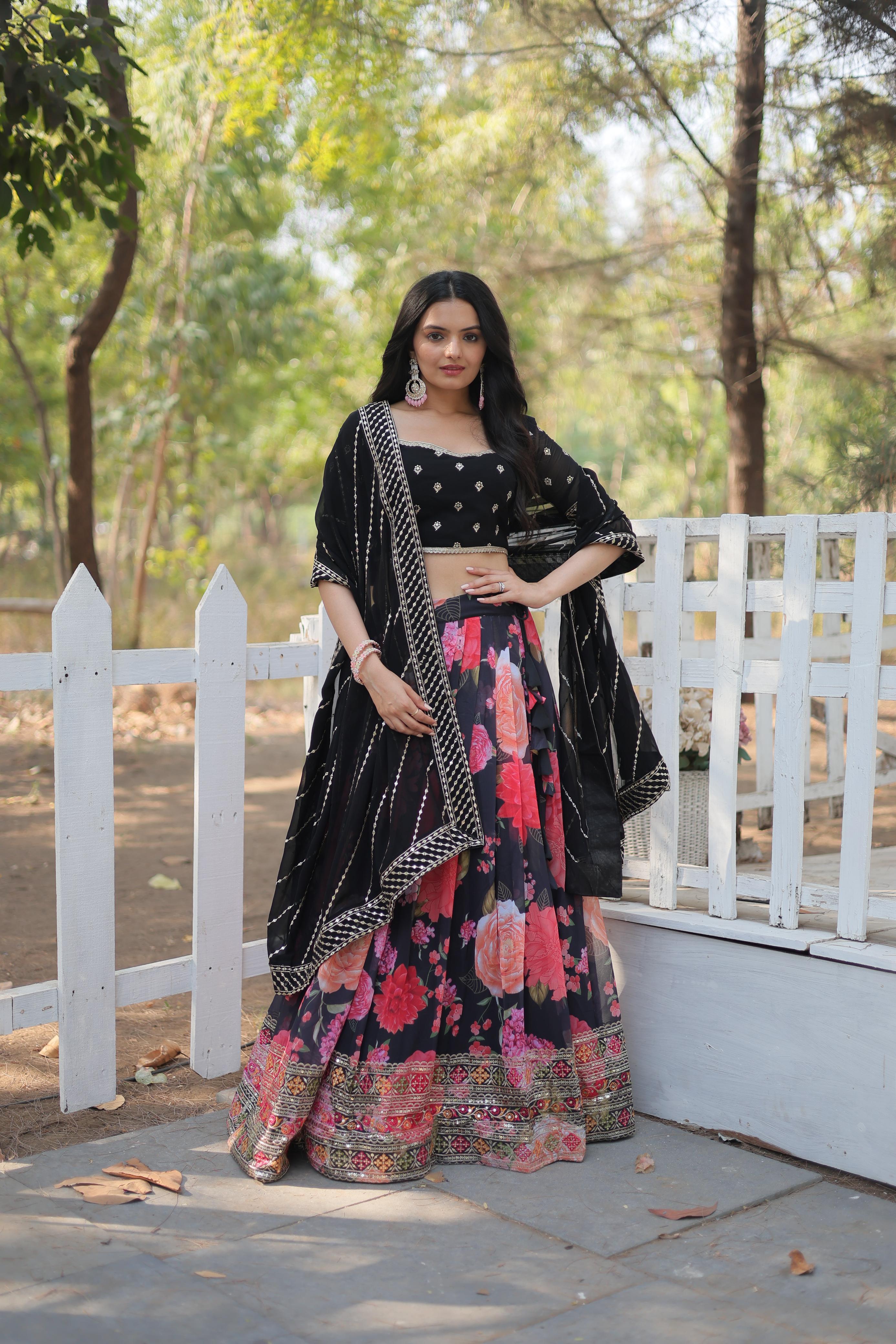 Designer Flower Print With Work Black Color Lehenga Choli