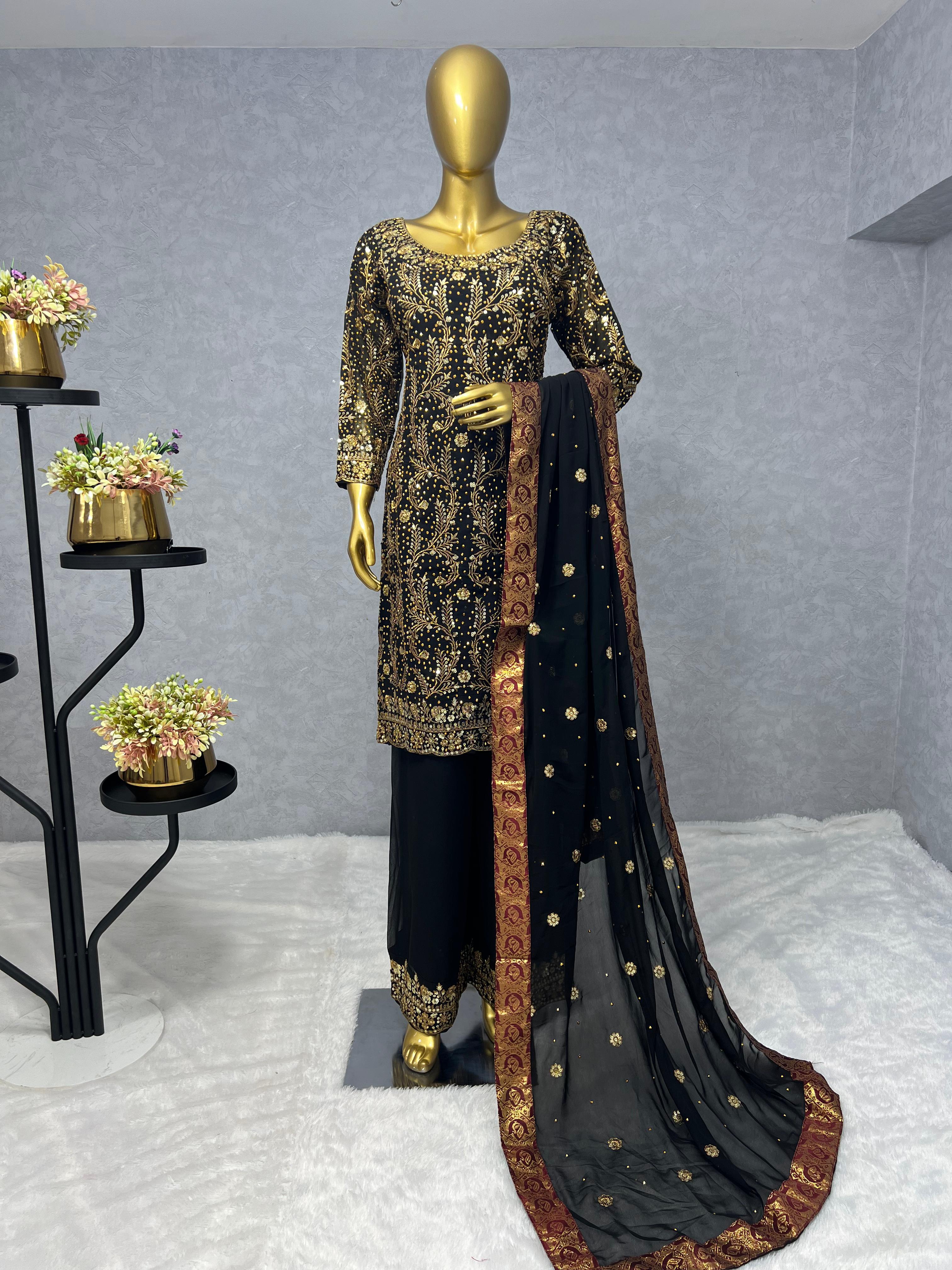 Glossy Black Color Sequence Work Kurti Set With Dupatta