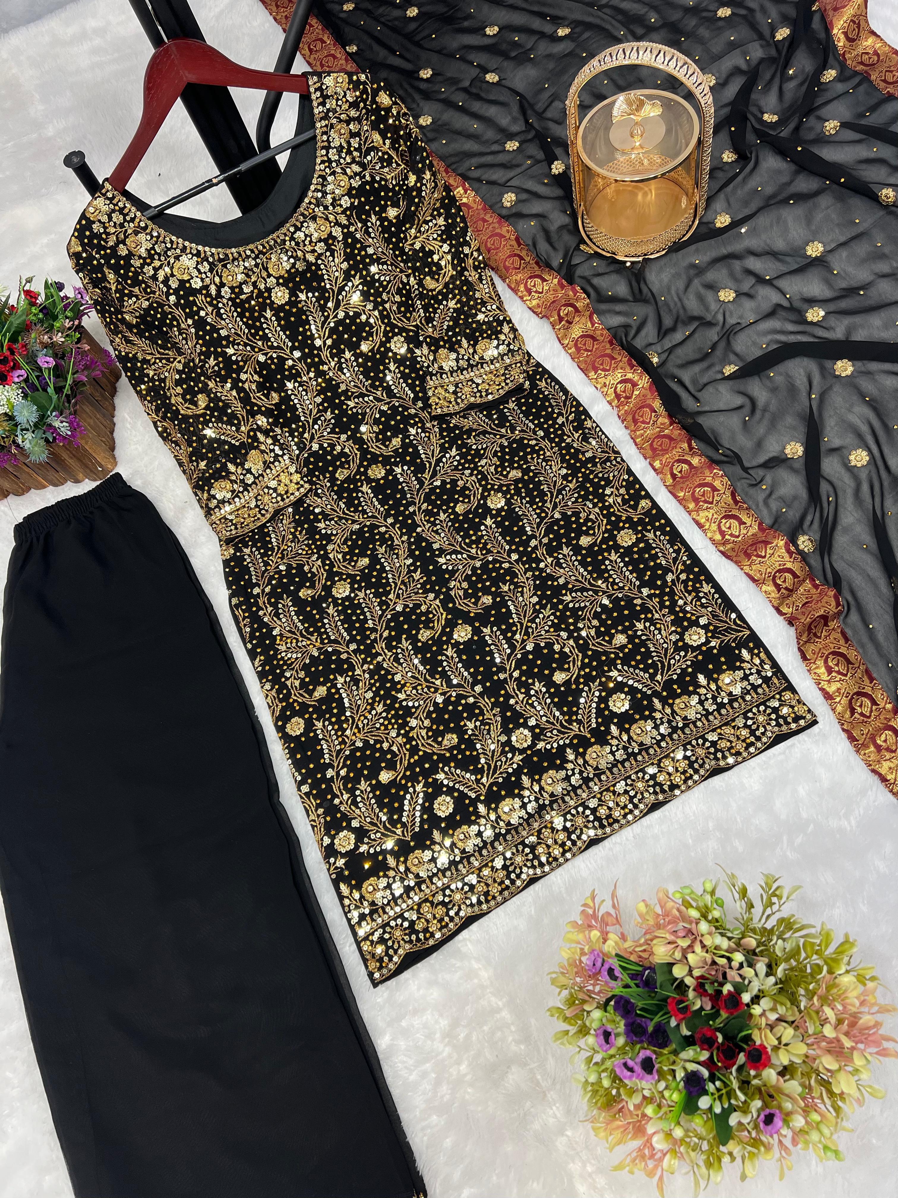 Glossy Black Color Sequence Work Kurti Set With Dupatta