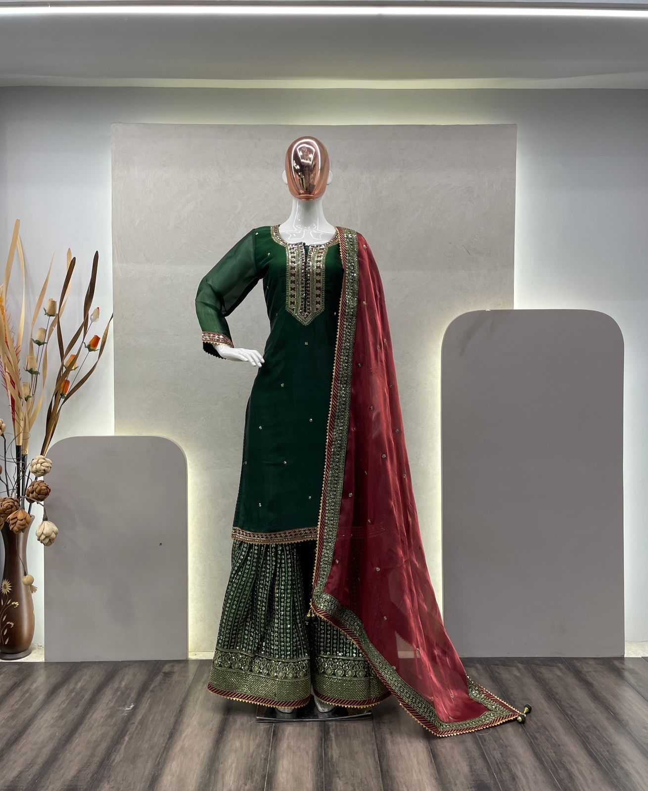Pakistani Style Green Color Sequence Work Sharara Suit