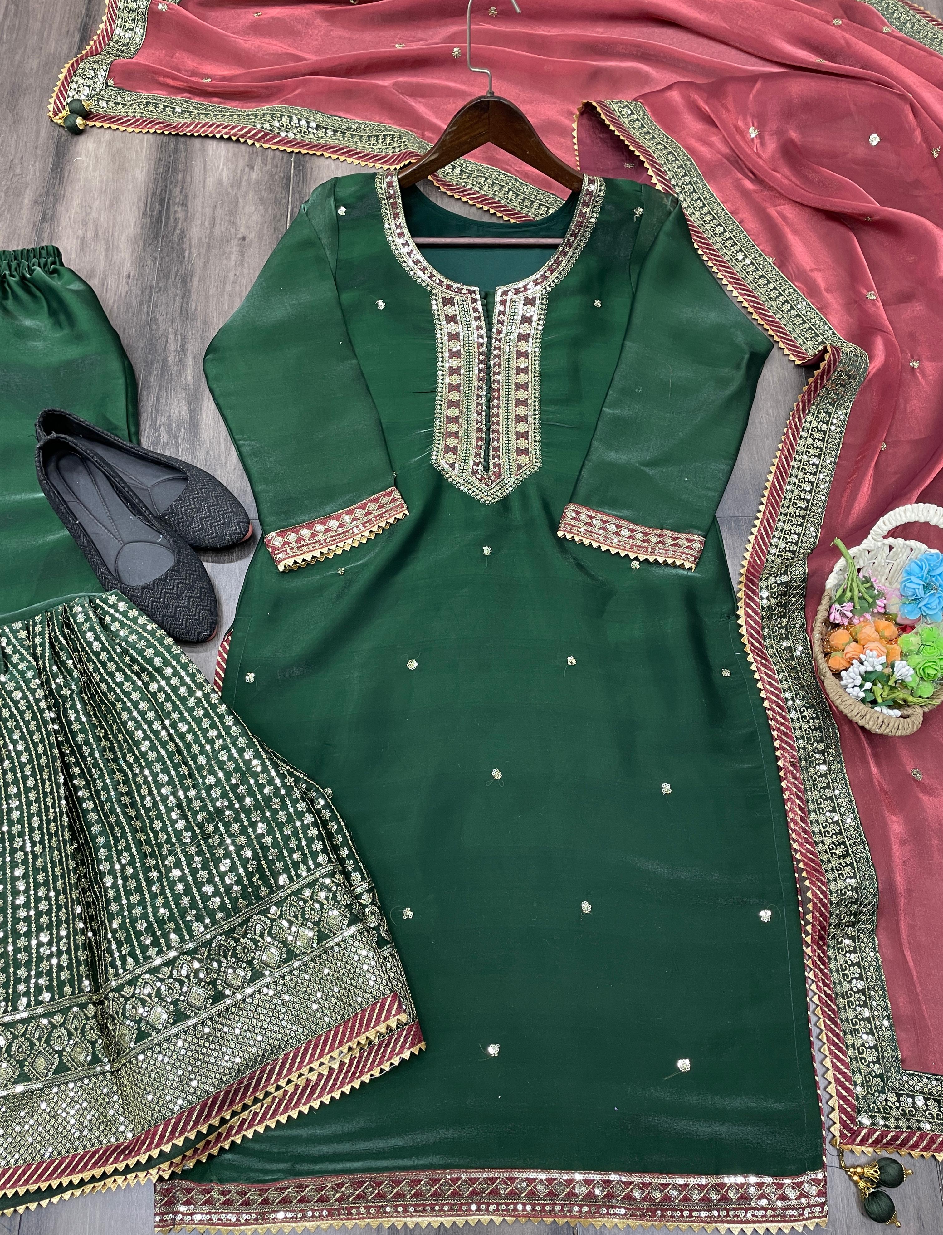 Pakistani Style Green Color Sequence Work Sharara Suit